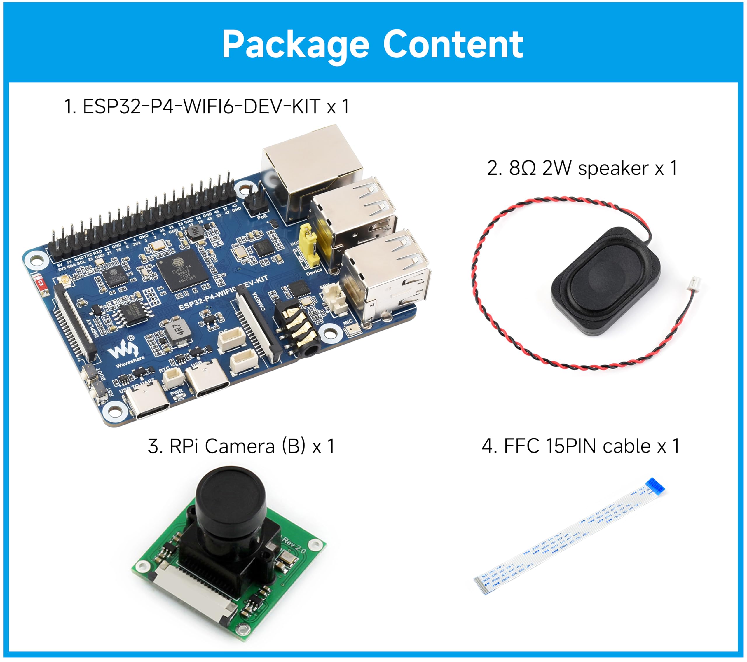 ESP32-P4-WIFI6-DEV-KIT płytka deweloperska, oparta na ESP32-P4 i ESP32-C6, obsługuje Wi-Fi 6 i Bluetooth 5/BLE 5, obsługuje interakcję mowy AI, w zestawie głośnik + kamera RPi, 4 elementy
