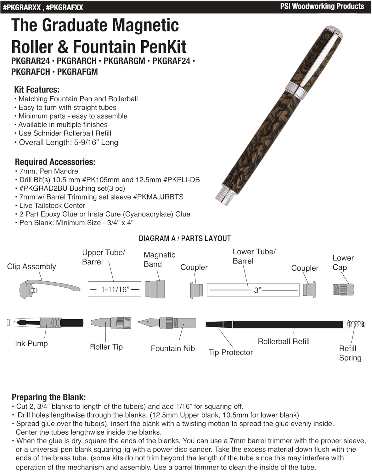 Penn State Industries PKGRAR24 Magnetic Graduate Rollerball Pen Kit Woodturning Project (5, Gold)