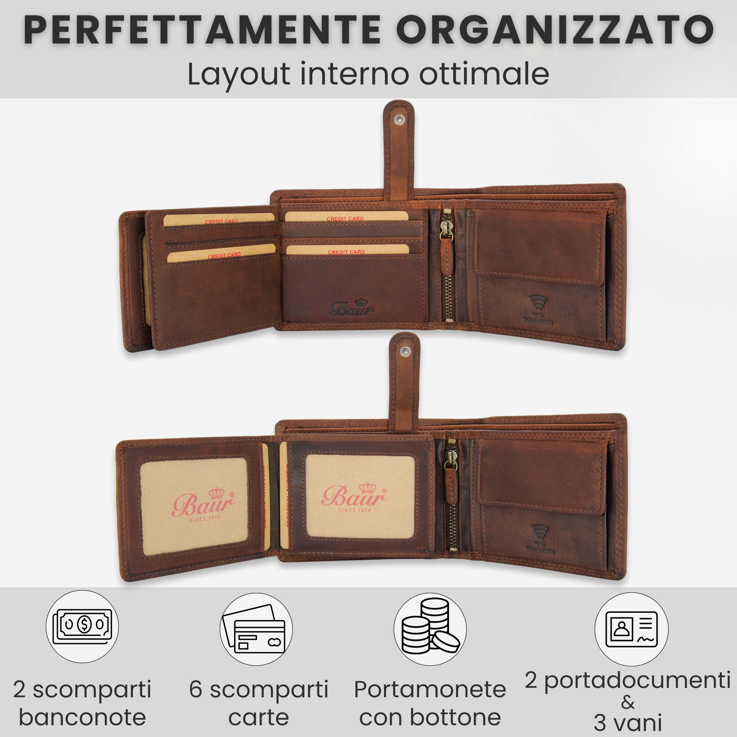 Baur portafoglio da uomo – vera pelle con protezione RFID – portafoglio in pelle orizzontale con 9 scomparti carte e scomparto monete (Formato orizzontale con bottone interno, Marrone scuro)