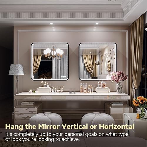 Miniatura 6 de Brightify Espejo de baño LED de cristal de 36 x 36 pulgadas para pared, espejo de tocador antivaho con luces, 3 colores regulables, espejo LED