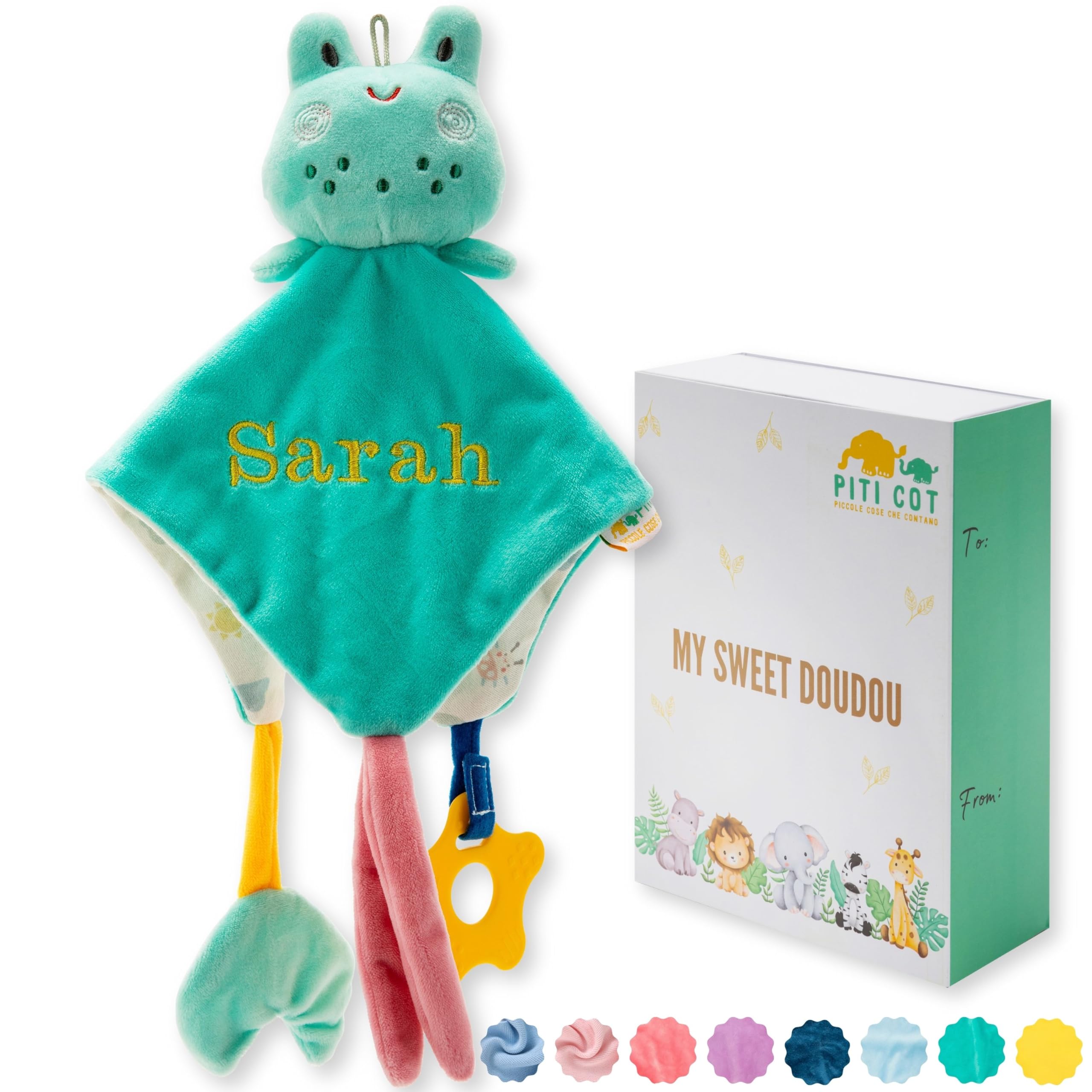 PITI COT Doudou Bebé Personalizado con Nombre Bordado | Idea Regalo Original – Ranita (Verde)