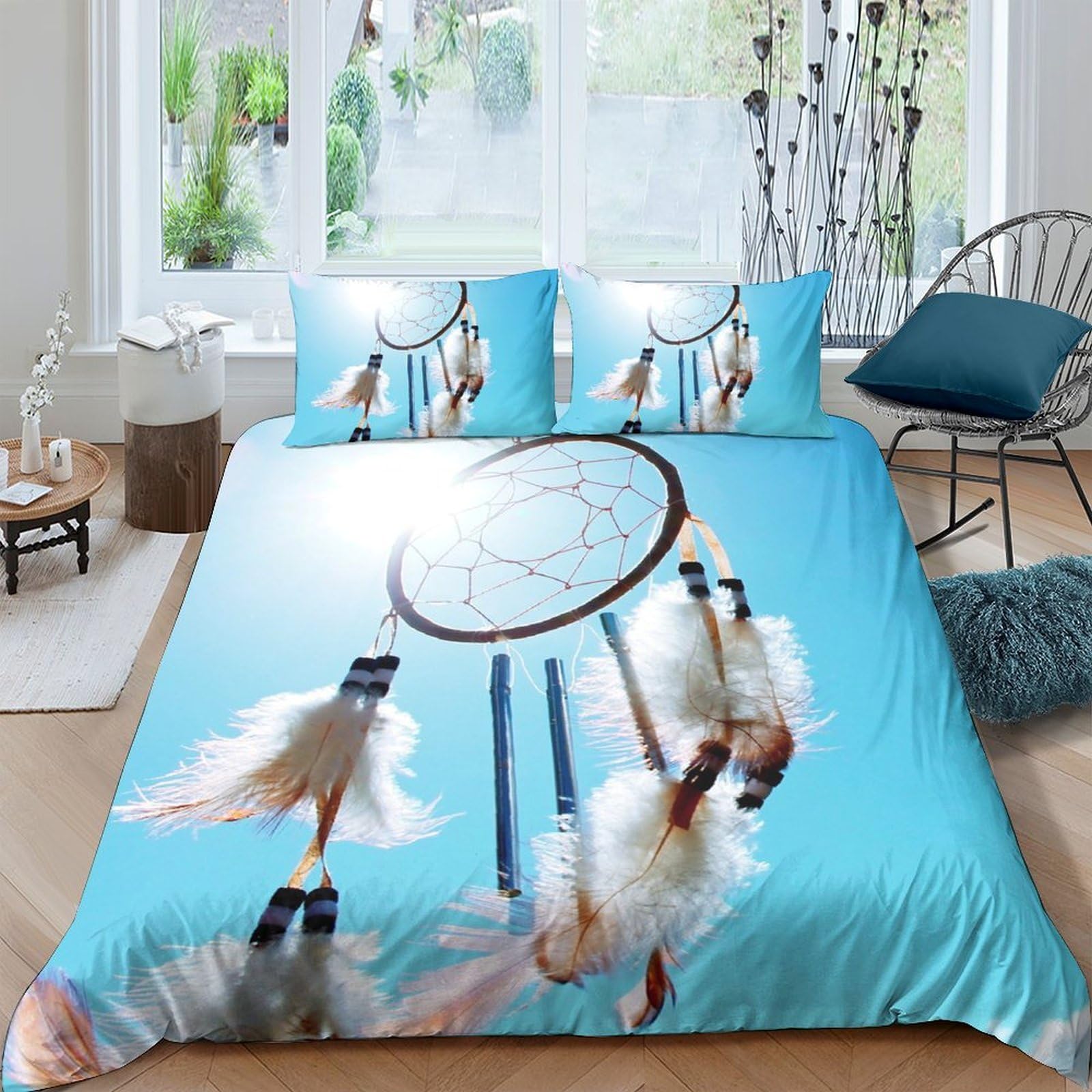 Ctjqhvkz Style-1 3D Printed Dreamcatcher Blue Fitted Sheet Microfiber Soft Feather Ethnic Bed Cover For Bedroom Dorm Mattress Decor Single（135X200cm）
