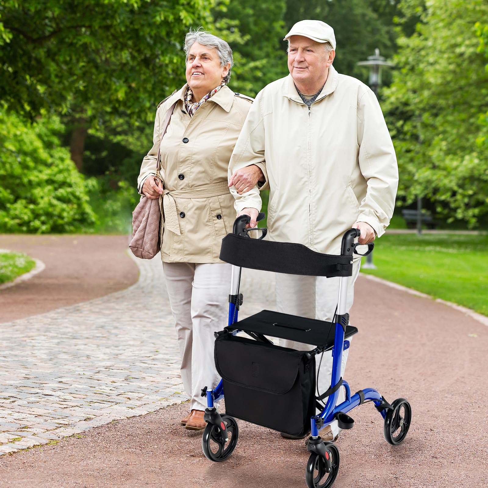 COSTWAY 2 en 1 Andador para Ancianos con Asiento, Andador Rodante Plegable con Ruedas de 20 cm, Aleación de Aluminio, Manijas Ajustables, Sistema de Doble Freno, Bolsa de Almacenamiento (Azul)