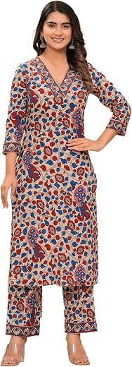 MEERA FAB Women's Cotton Printed Straight Kurta with Palazzo