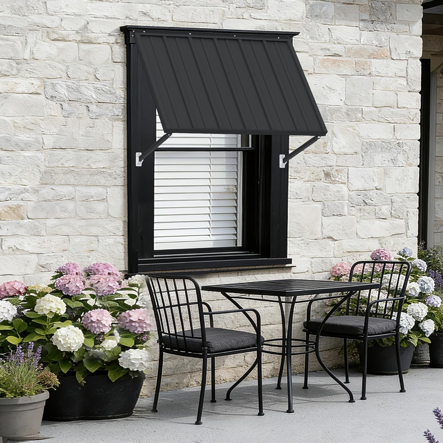 Kozyard Adjustable Window Awning – 4-Level Tilt, 42" W × 32" Sloped Panel, Adjustable Projection 22"–31", Powder-Coated Iron Canopy, All-Weather Rain, Snow & UV Protection (Dark Gray)