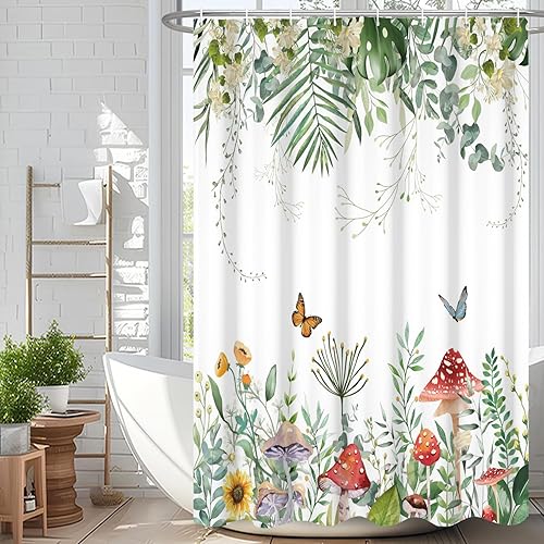 Miniatura 33 de Cortina de ducha de eucalipto verde salvia Velaequezii con plantas de acuarela, hojas botánicas de primavera impresas, cortina de baño impermeable