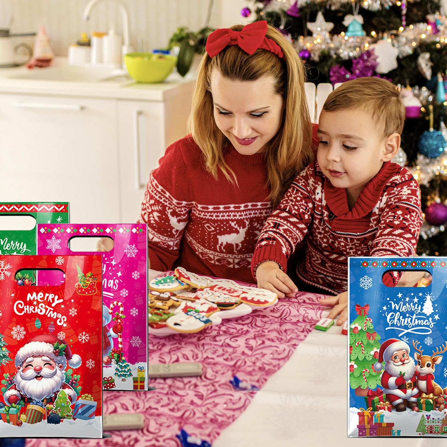 CUUSNNY 60 Pcs Christmas Plastic Gift Bags,Merry Christmas Goodie Bags Santa Claus Snowman Treat Candy Bag Bulk Party Favor Bag for Xmas Holiday Party Supplies 6.5 × 9.8 In - Image 5