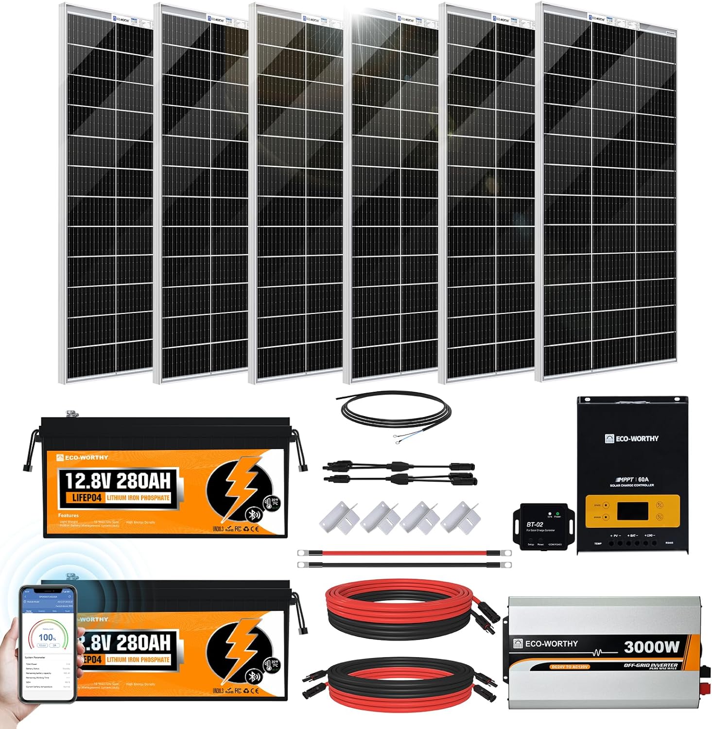 [Ultra] ECO-WORTHY 1200W 24V 5.52KWH Lithium Battery Solar System Off Grid:6pcs 195W Bifacial Solar Panels+2Pcs 12.8V 280Ah Lithium Battery+60A MPPT Charge Controller+3000W Pure Sine Wave Inverter