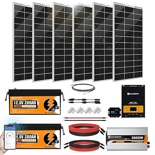 [Ultra] ECO-WORTHY 1200W 24V 5.52KWH Lithium Battery Solar System Off Grid:6pcs 195W Bifacial Solar Panels+2Pcs 12.8V 280Ah Lithium Battery+60A MPPT Charge Controller+3000W Pure Sine Wave Inverter