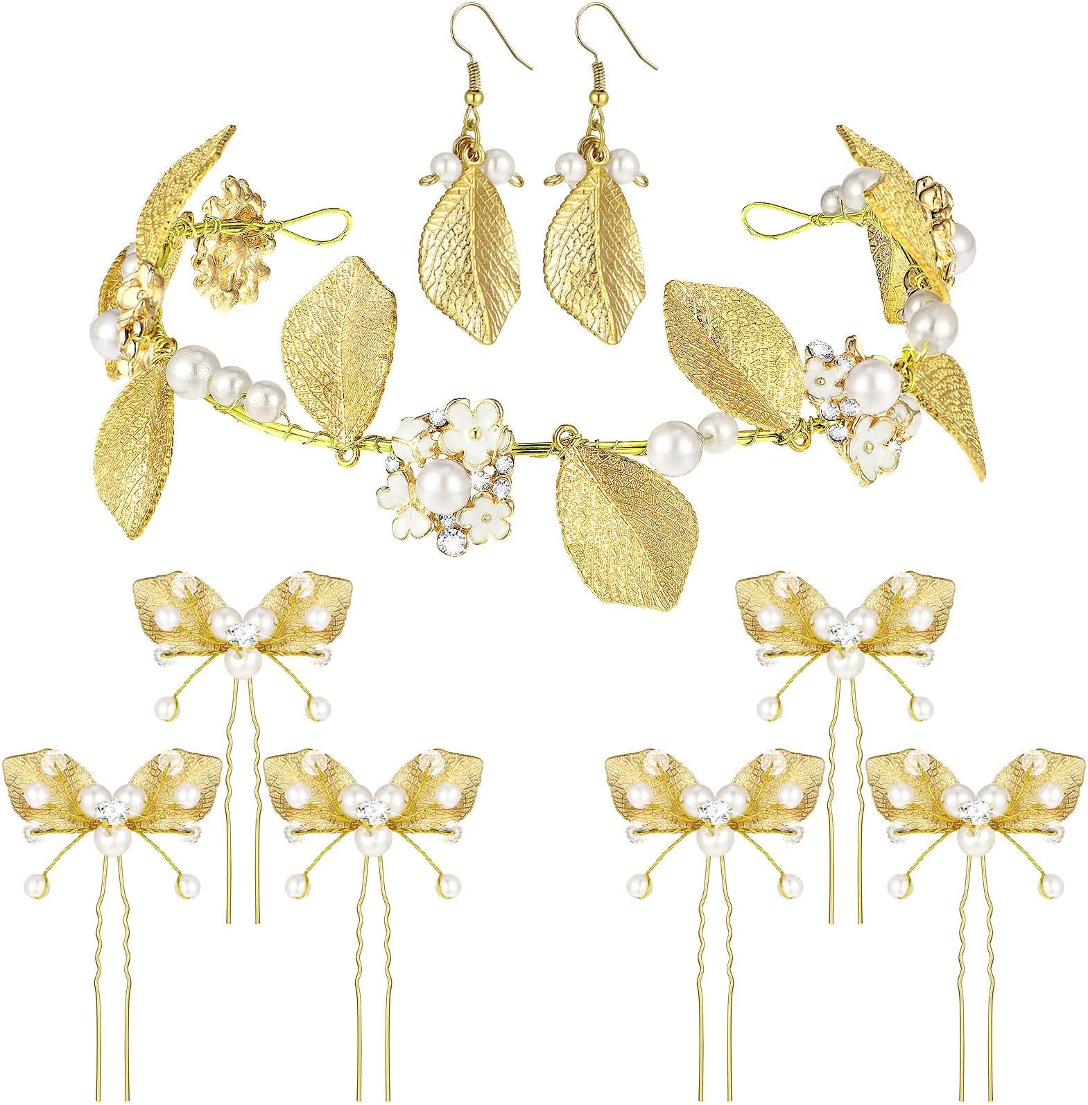 NALACAL 9 Pieces Greek Costume Accessories Set for Women Girls Gold Greek Jewelry Greek Leaf Hair Pins Clips Crown Earrings Golden Hair Vine Headband for Women Halloween Wedding Party