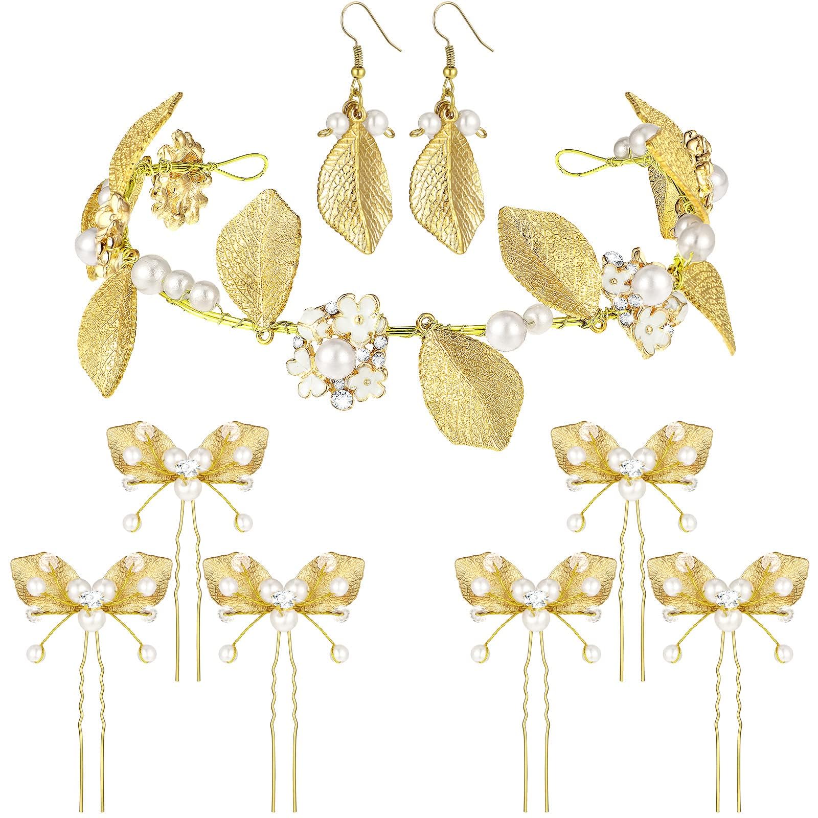 NALACAL 9 Pieces Greek Costume Accessories Set for Women Girls Gold Greek Jewelry Greek Leaf Hair Pins Clips Crown Earrings Golden Hair Vine Headband for Women Halloween Wedding Party