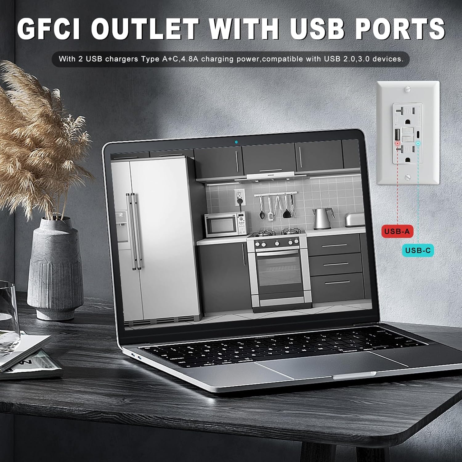 Delgada 20A GFCI Outlet Electrical Outdoor Outlet Weather Resistant Tamper-Resistant Receptacle with USB Charger LED Indicator Light Wall Plate for Home Kitchen Bathroom