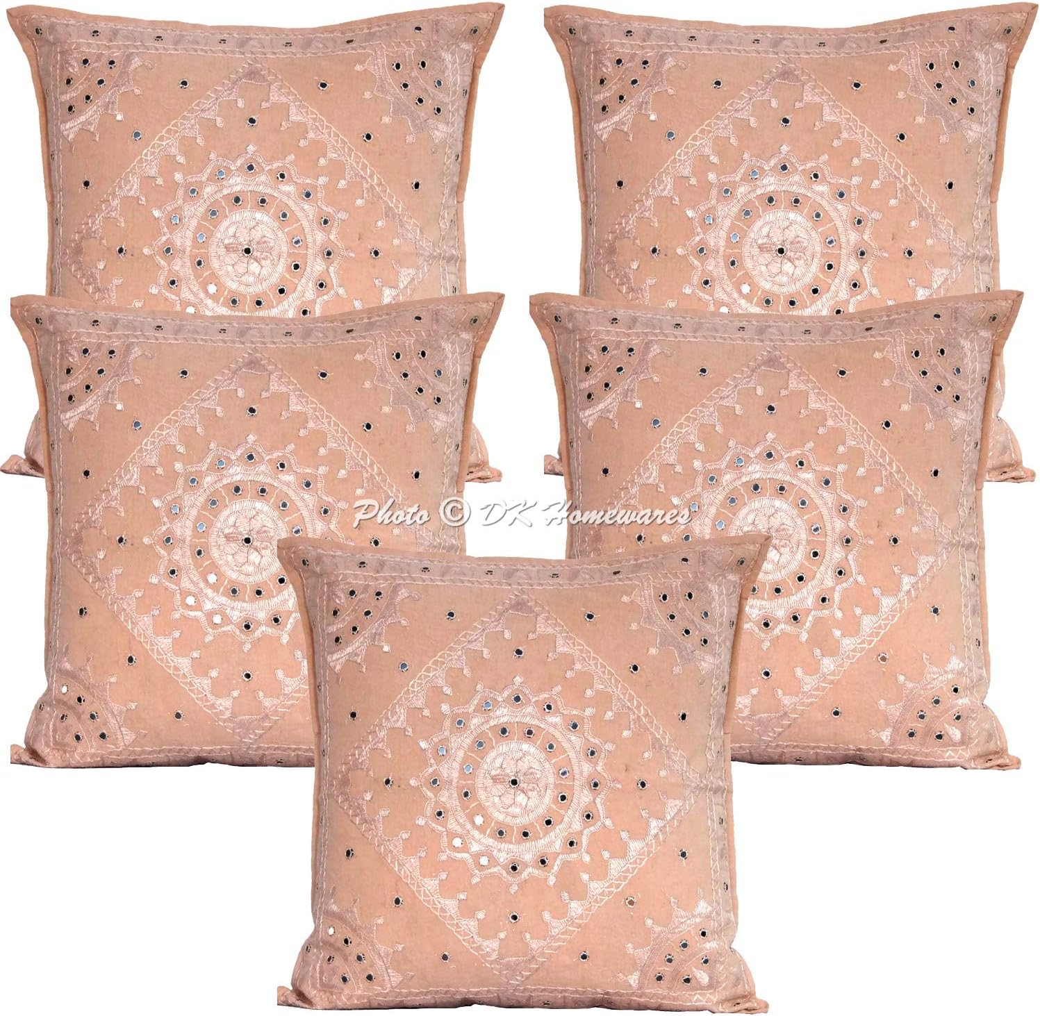 Ethnic Decorative Accent Throw Pillow Covers 24 x 24 Inch Cotton Embroidered Bohemian Boho Square Sofa Cushion Covers (Size - 60x60 cm ; Color: Peach) - Set of 5 Pcs (Cover Only)