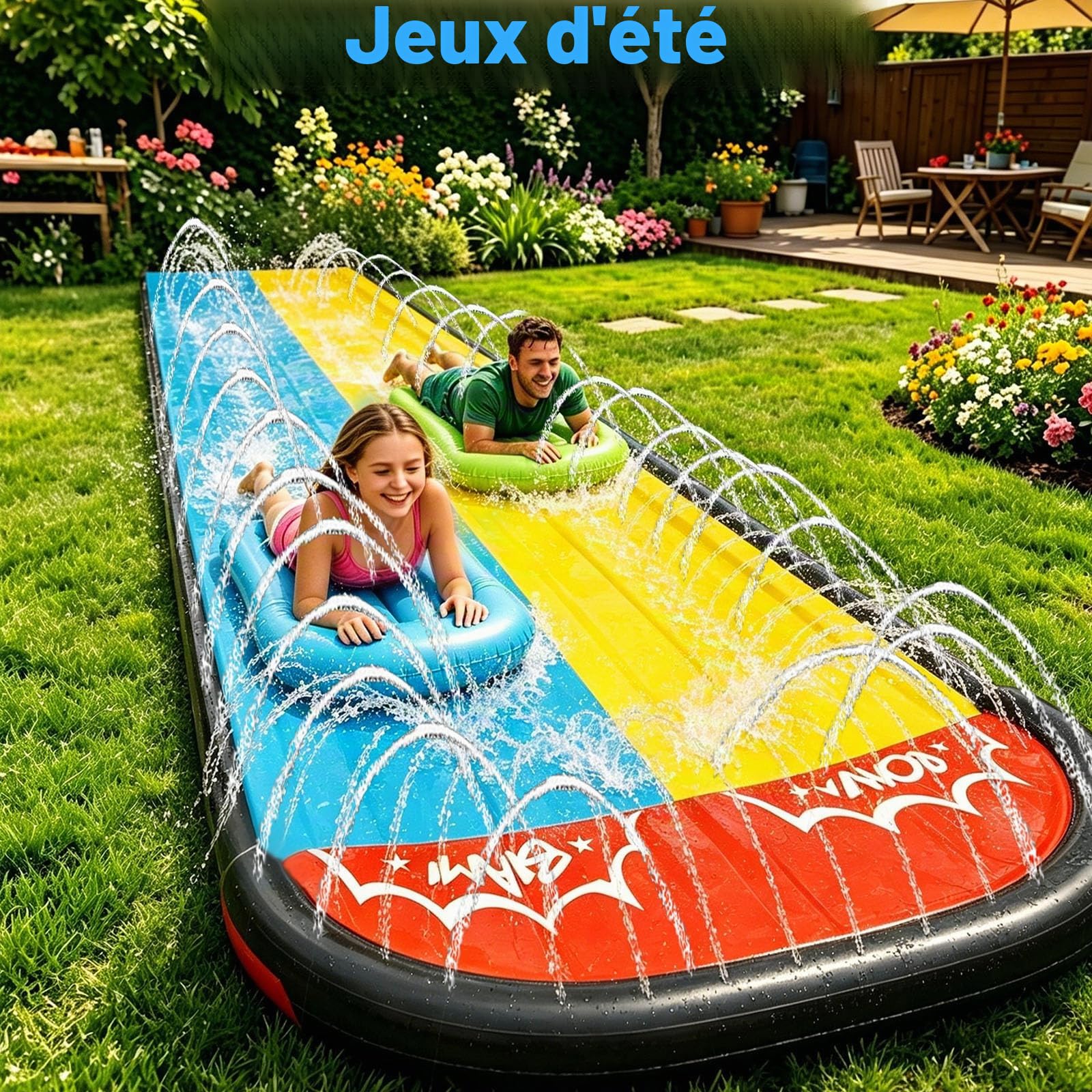 Jeux Piscine, Piscine Enfant, 2 Bodyboards, Aquaplay, Toboggan Gonflable, Ventre Glisse, Tapis Glisse Eau, Jouets d'été, Jouets Aquatiques d'extérieur, été (Jaune-Bleu 3, 468 cm)