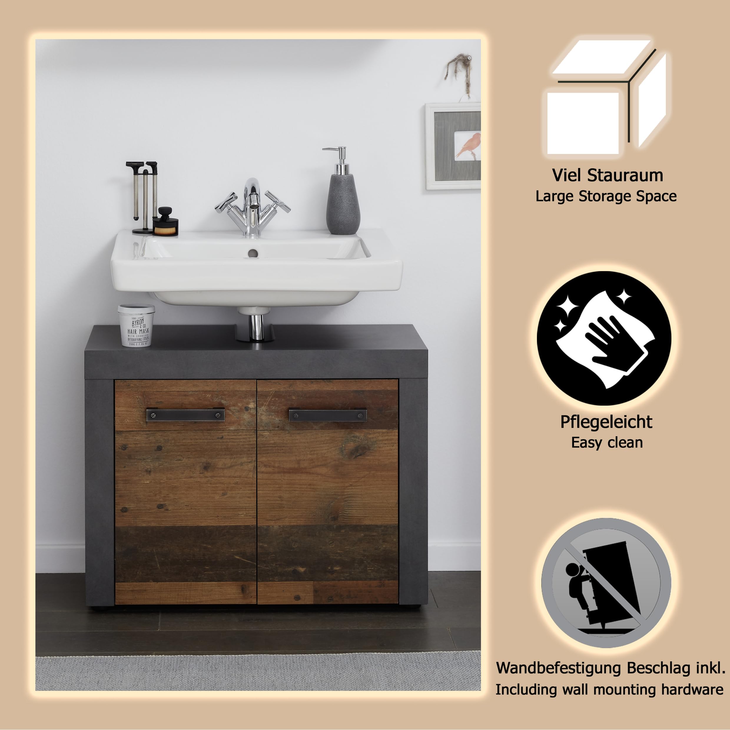 trendteam smart living - Szafka pod umywalkę szafka pod umywalkę - łazienka - Indy - wymiary po zmontowaniu (szer. x wys. x gł.) 72 x 56 x 34 cm - kolor Old Wood z Matera - 125930123