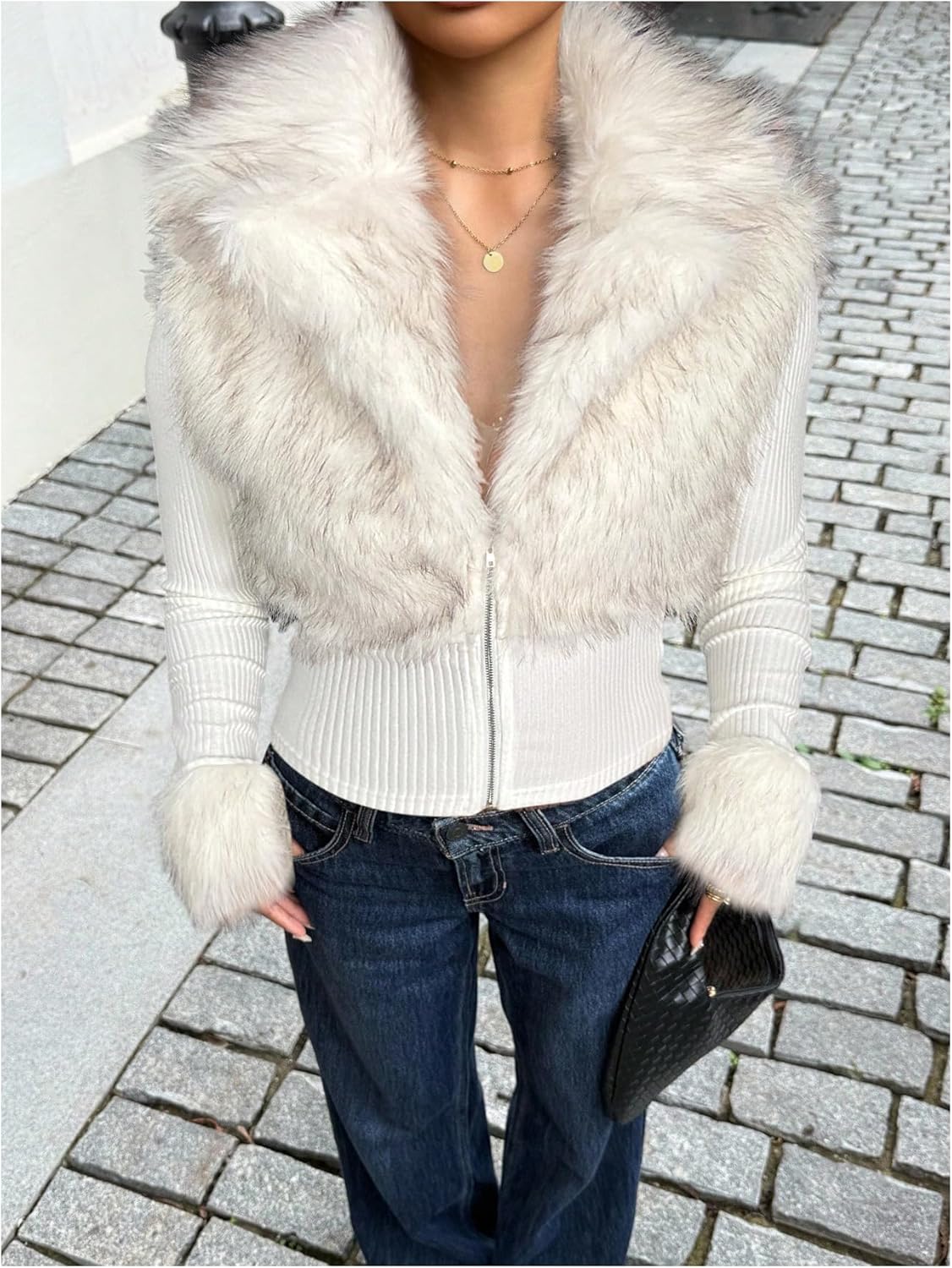Verdusa Women's Faux Fur Furry Fuzzy Collared Zip Up Jacket Fall Clothes Slim Fit Winter Coats