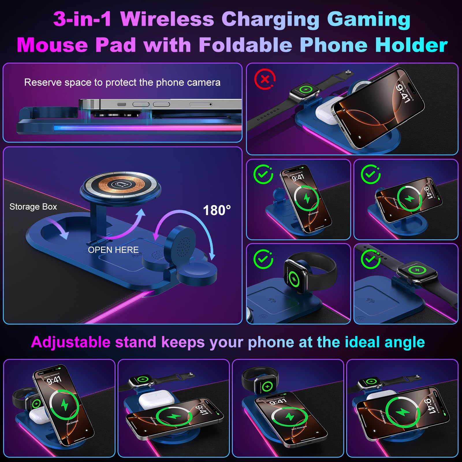 besky Tappetino per mouse da gioco RGB con supporto pieghevole per telefono, stazione di ricarica magnetica 3 in 1, grande tappetino da scrivania, superficie impermeabile, base in gomma antiscivolo