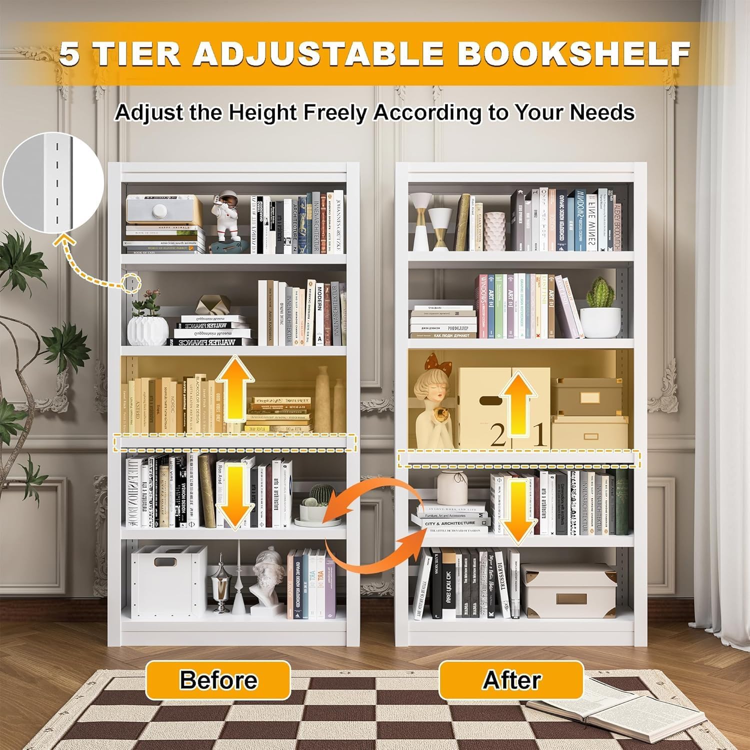 69” Tall Metal Bookshelf, 5-Tier Bookcase with Adjustable Shelves, Floor Standing Open Storage Shelf for Home Office, Living Room, Library, White/Large – 180 lbs Per Shelf, 69" HX31.5 W