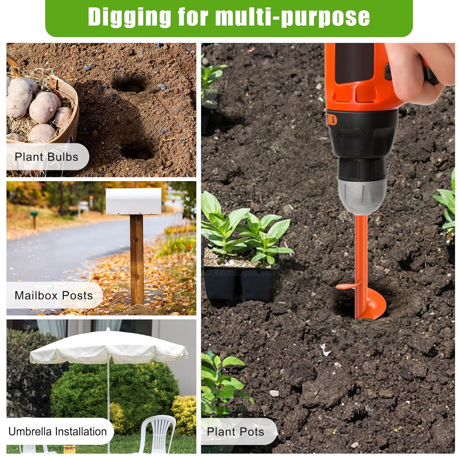Insaga Garden Auger Drill Bit for Planting, Drill Augers for Digging Holes, Auger Post Hole Digger fits 3/8'' Hex Drive Drill, Perfect for Planting Bulbs and Potted Plants (1.6''x16''+3.5''x16'')