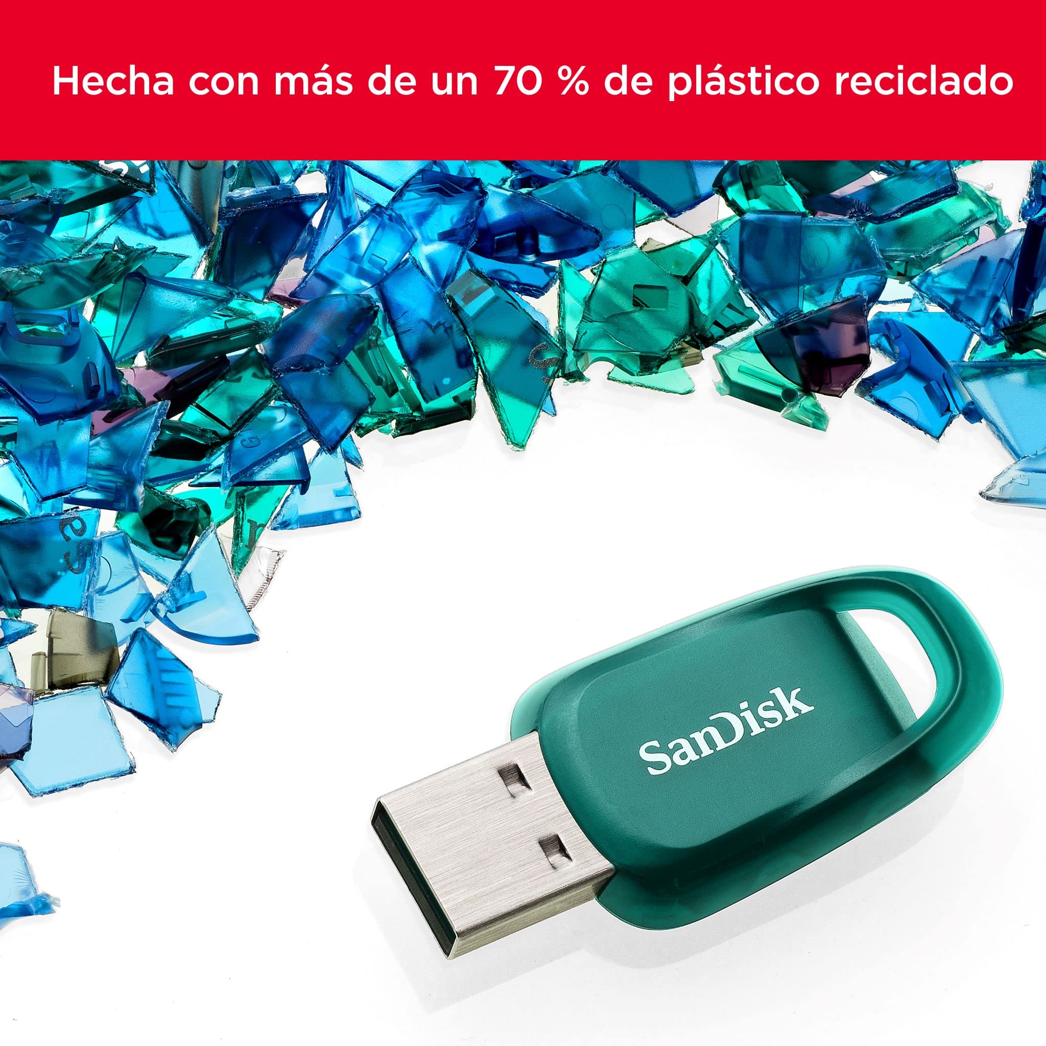 SanDisk 512 GB Ultra Eco Memoria flash USB 3.2 con velocidades de lectura de hasta 100 MB/s. Una unidad flash USB fabricada con más del 70% de plástico reciclado.