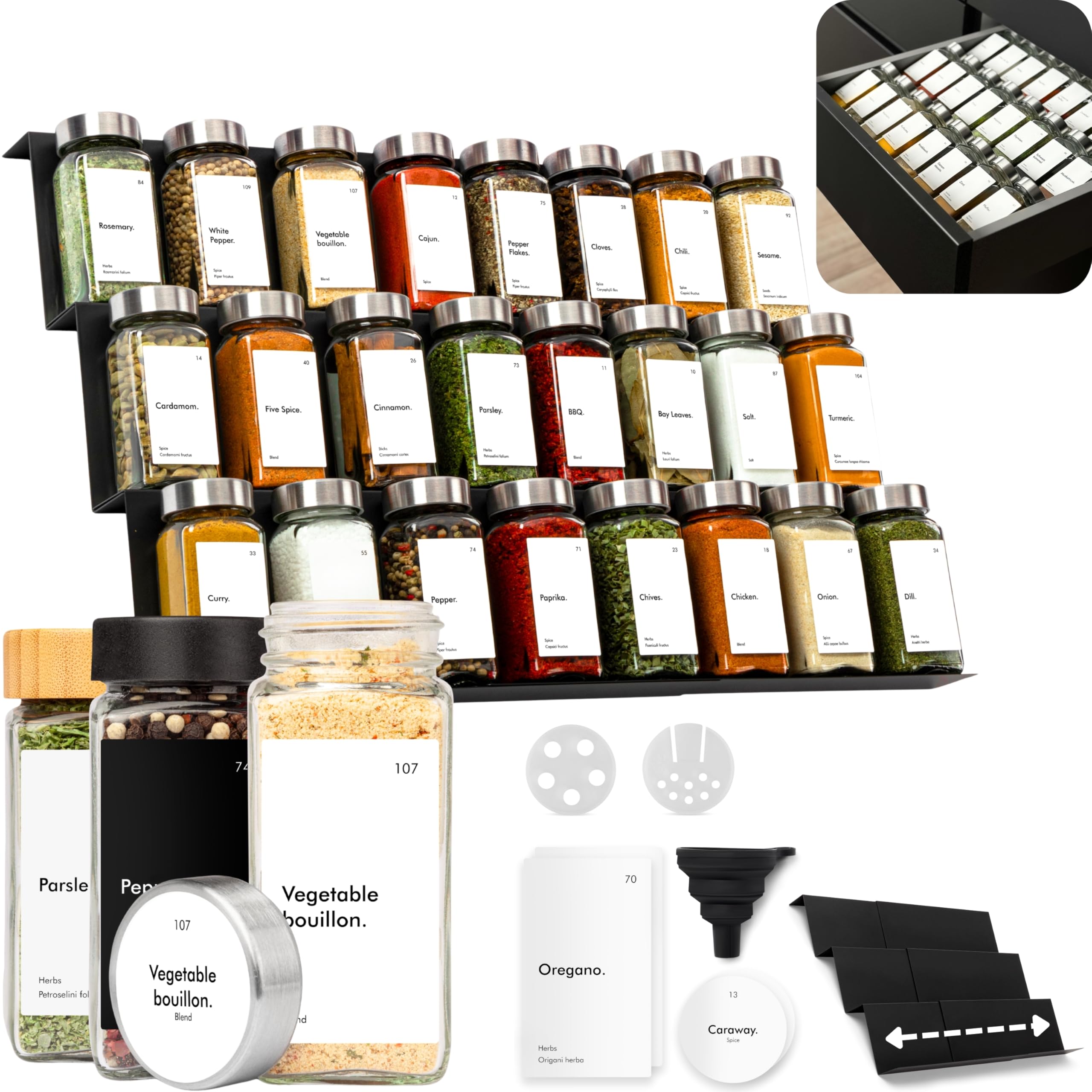 KIVY Spice Jars with Spice Rack (Bambo Lid (Glasses + Shelf)) - Adjustable Width - Spice Organiser Drawer