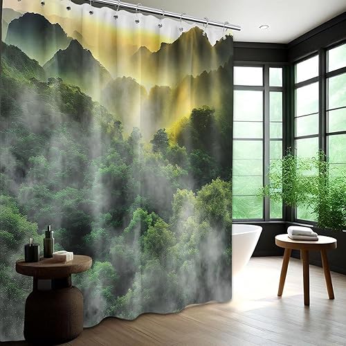 Miniatura 2 de Cortina de ducha Misty Forest Mountain Nature Scenic Green para decoración de baño, tela impermeable con ganchos, 70 pulgadas de ancho x 72 pulgadas
