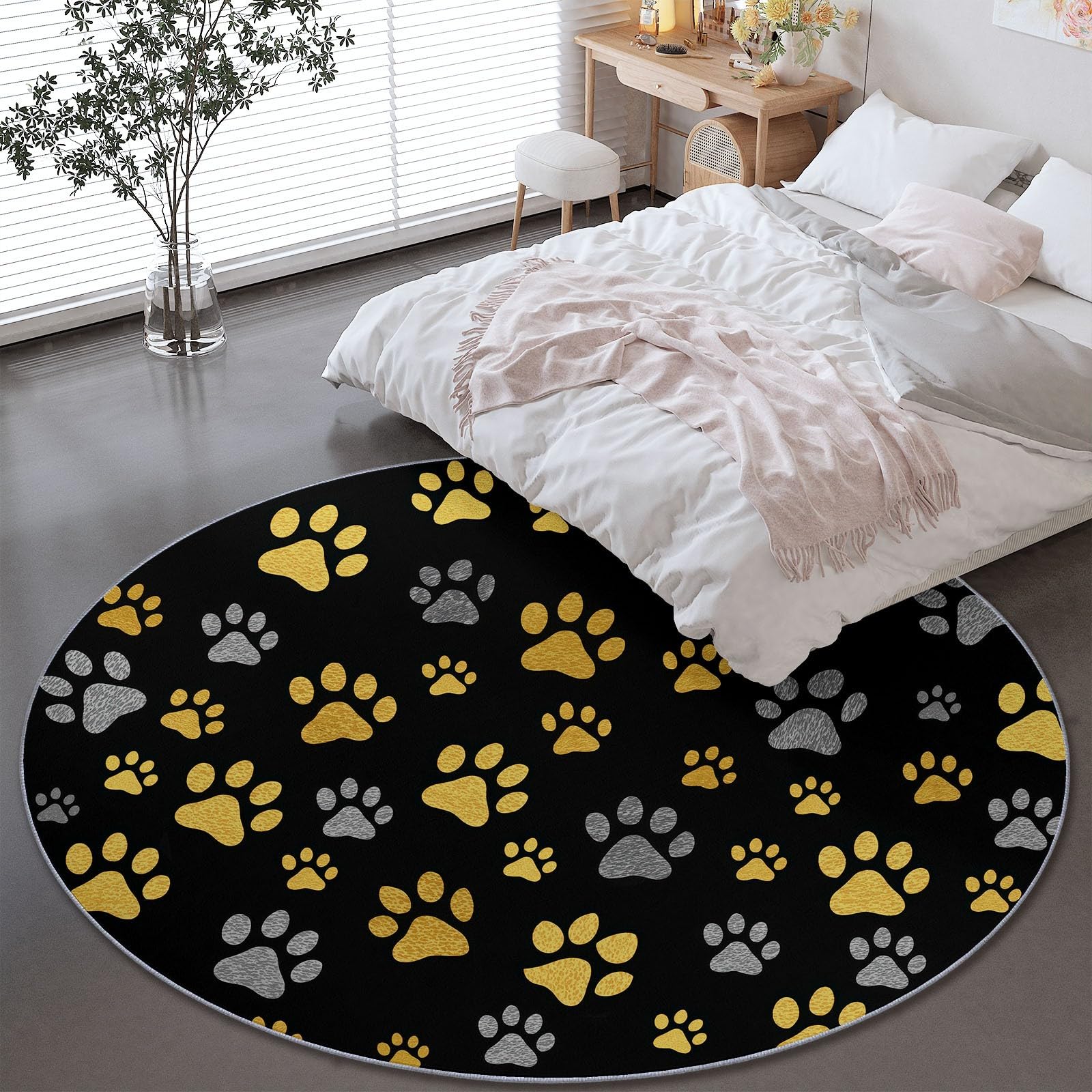 Non Slip Round Rug 120 cm - Cartoon Cute Animals Paw Prints Pattern Low Pile Easy to Clean Circular Rug for Bedroom Living Room Dining Room Office, Black Anti-Shedding Indoor Washable Circle Carpet