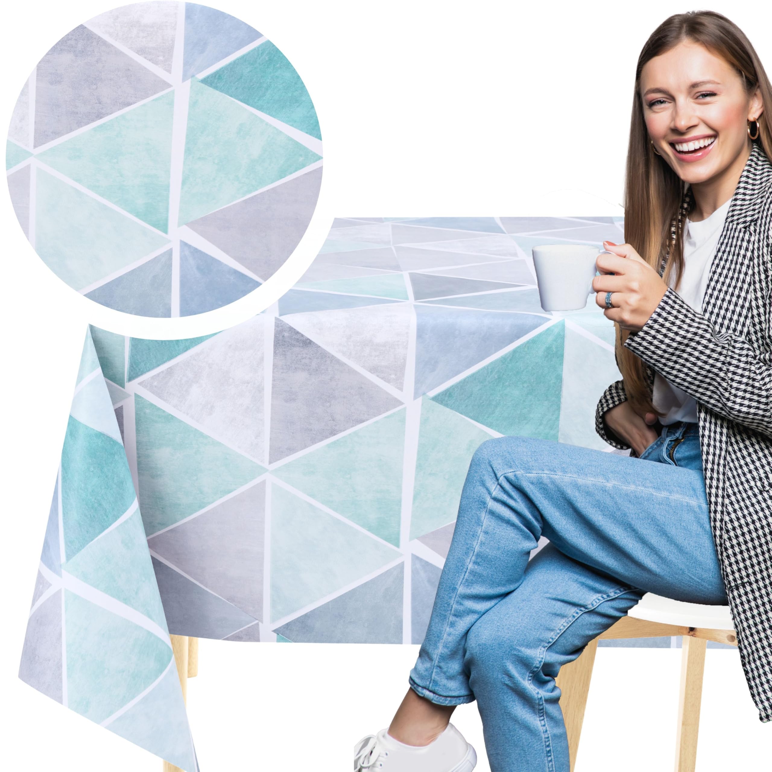 KP HOME Shimmer Grey PVC Table Cloth Wipe Clean Tablecloth with Blue Geometric Triangle Print - Rectangular 78.7"x 55.1" - 200x140cm Waterproof and Wipeable Plastic Table Cover Large Vinyl Oilcloth