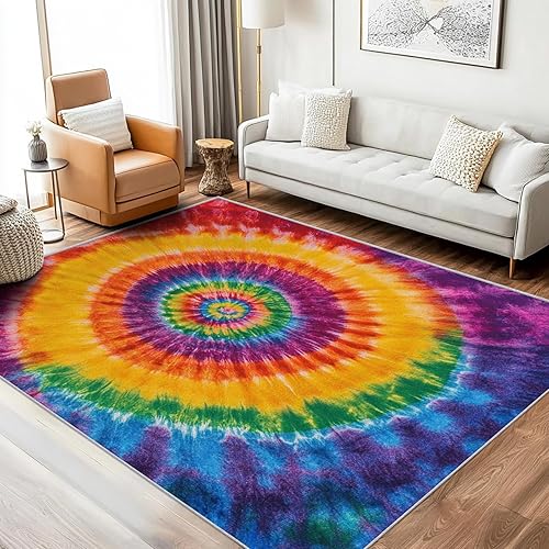 Miniatura 2 de Orange Yellow Purple Tie Dye Rugs for Living Room 5x7, Hippie Rainbow Bedroom Carpet, 70S Retro Groovy Pattern Design Area Rug, Washable Non Slip