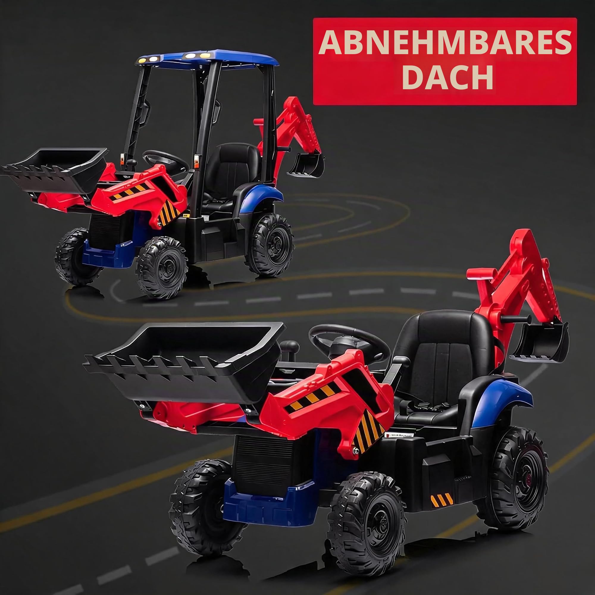 12V Elektro-Traktor für Kinder mit mechanischer Schaufel, Kinder-Traktor mit verstellbarem Arm, Ferngesteuerter Bagger mit abnehmbarem Dach, 2–4 km/h, für Kinder ab 3 Jahren, Rot und Blau