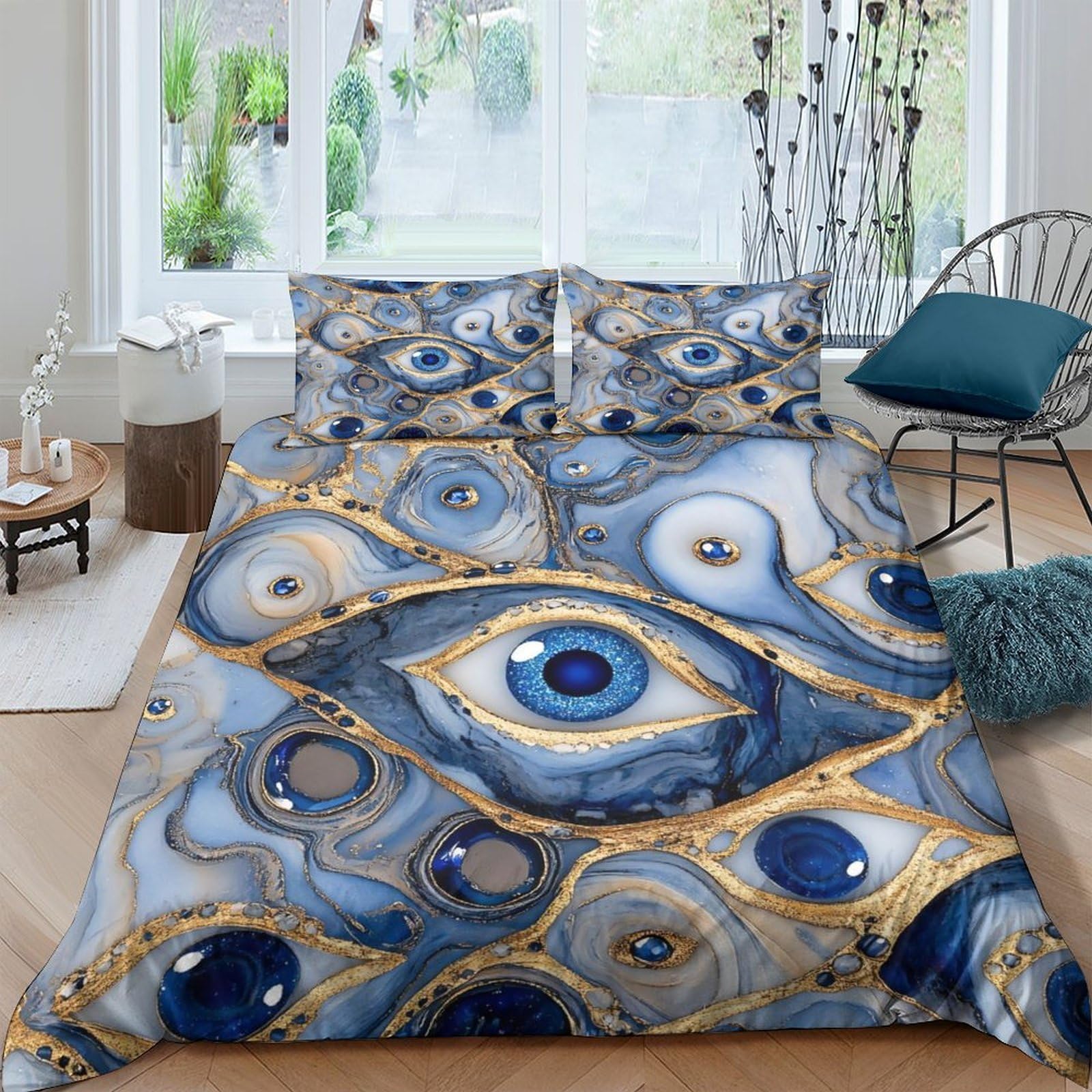 TUFRTGYHN 3D Printed Evil Eye Duvet Cover Set Microfiber Soft Blue Gold Abstract Pattern with 2 Pillowcases for Bedroom Home Decor Single（135x200cm）