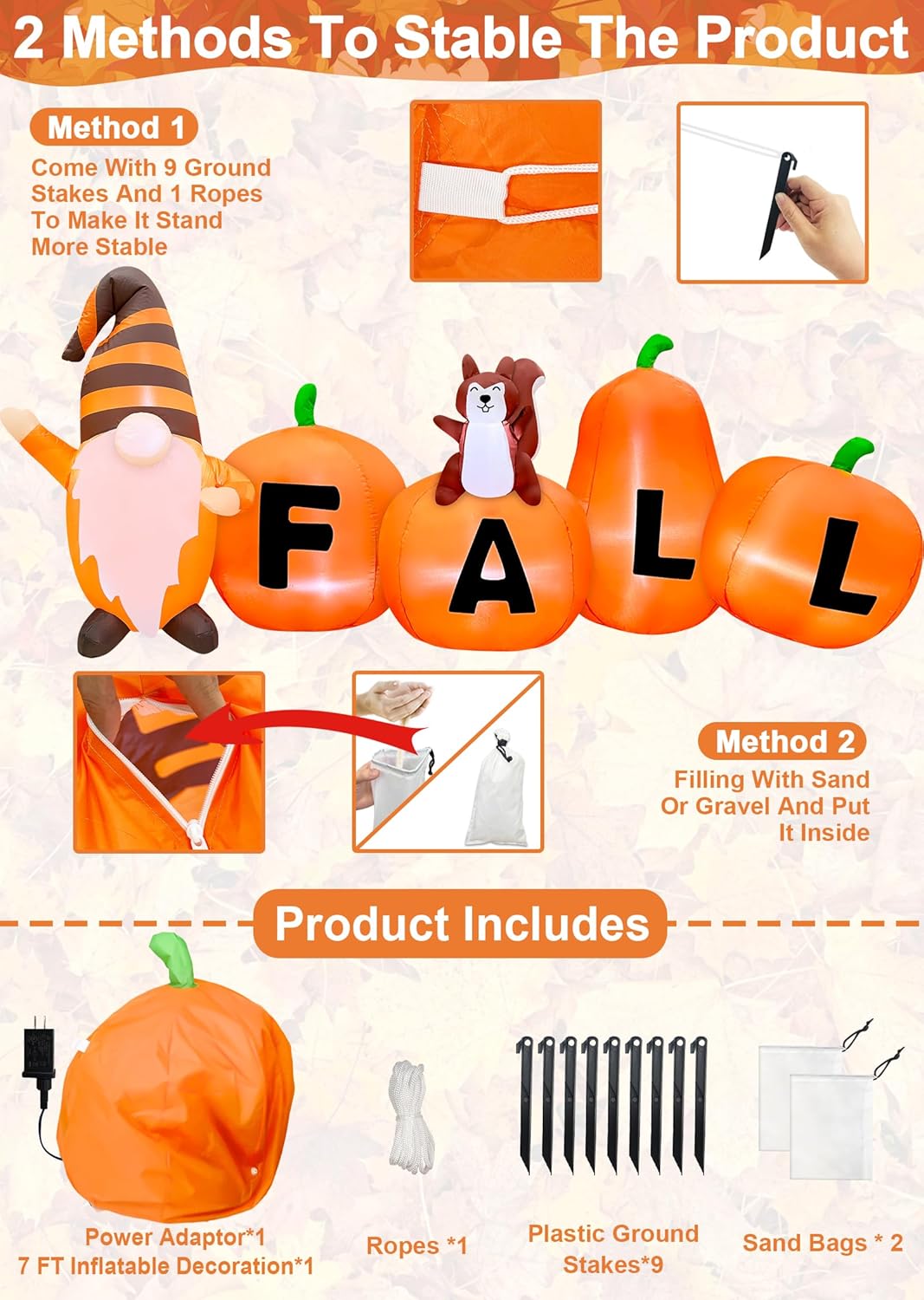 TURNMEON 7FT Long Fall Thanksgiving Inflatables Pumpkin Outdoor Decorations, Blow Up Fall Harvest Pumpkin with Gnome Squirrel Built-in LED Autumn Harvest Thanksgiving Decor Yard Garden Lawn Party