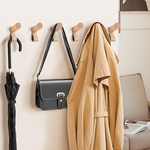 Miniatura 8 de Paquete de 6 ganchos de pared de madera, ganchos de madera para colgar abrigos de pared, ganchos resistentes para sombreros y batas, perchas