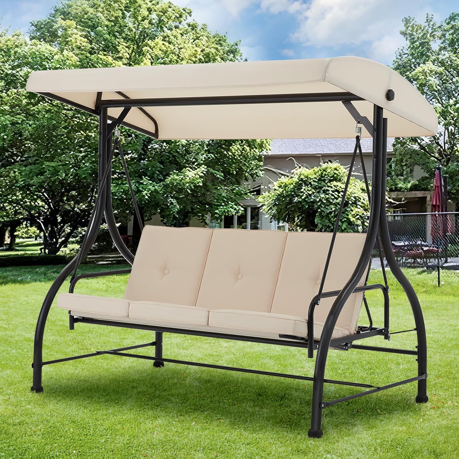 AECOJOY 3-Seat Outdoor Patio Swing With Canopy, Converting Porch Hammock, Adjustable Backrest, Removable Cushions and Stand, Beige