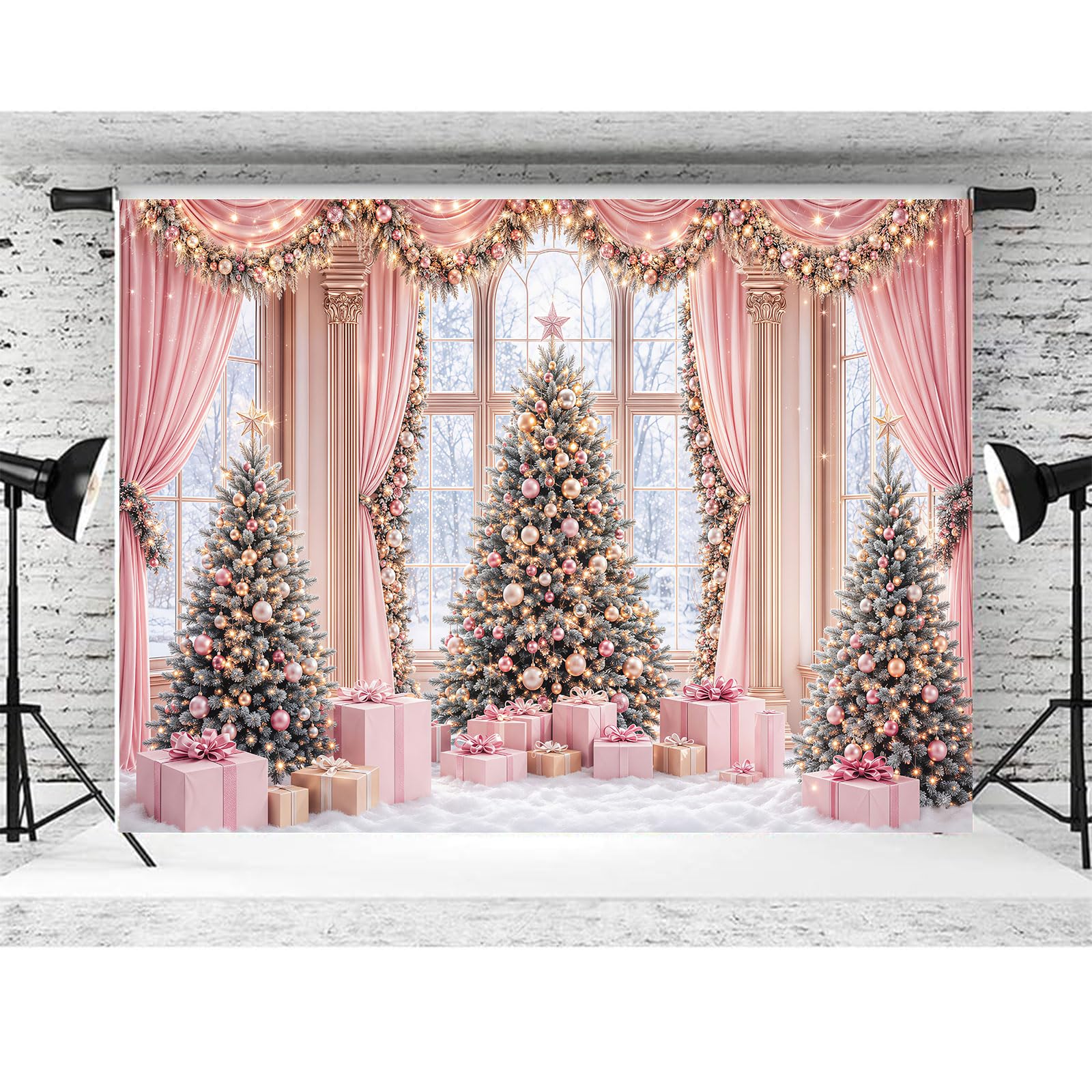 Telón de fondo rosa de Navidad de 8 x 6 pies para fotografía, ventana de Navidad, paisaje nevado, invierno, fotografía, telón de fondo, cortina de chimenea, bosque nevado fuera de la ventana