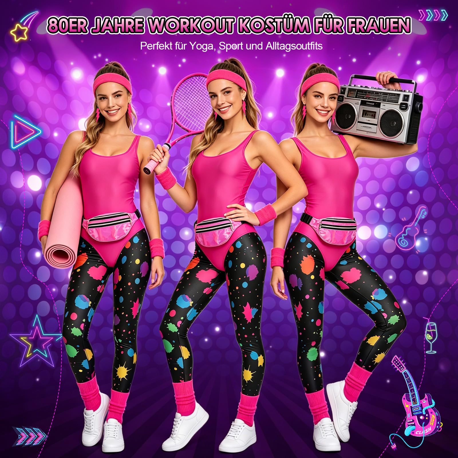 80er Jahre Outfit Damen Set 80er Jahre Kleidung Kostüm Mottoparty Retro Outfit 80er Jahre Workout Kostüm 80er Kleidung Accessoires 80 Aerobic Outfit Damen 80er Aerobic Kostüm 80 90er Sport Outfit, L