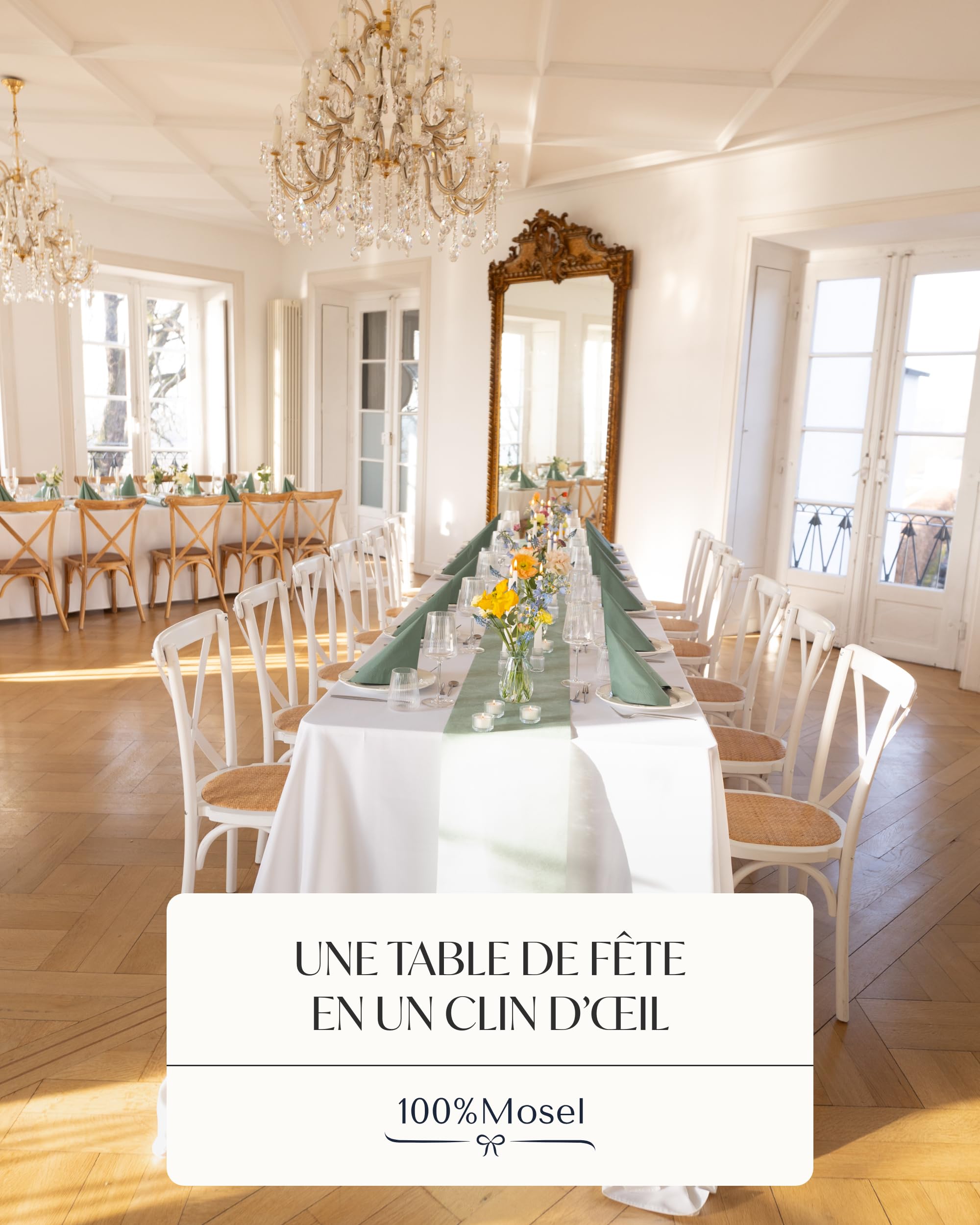 100% Mosel Kit de décoration de table – Vert Eucalyptus (25–50 Invités) | Chemin de Table en Intissé & Serviettes en Papier pour Mariage, Baptême, Communion & Anniversaire