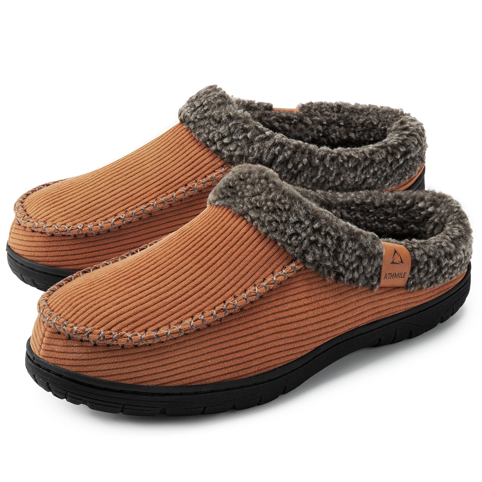 ATHMILE Mens Indoor Outdoor Warm House Slippers - Cozy Moccasin with Breathable Memory Foam Arch Support Non-Slip Rubber