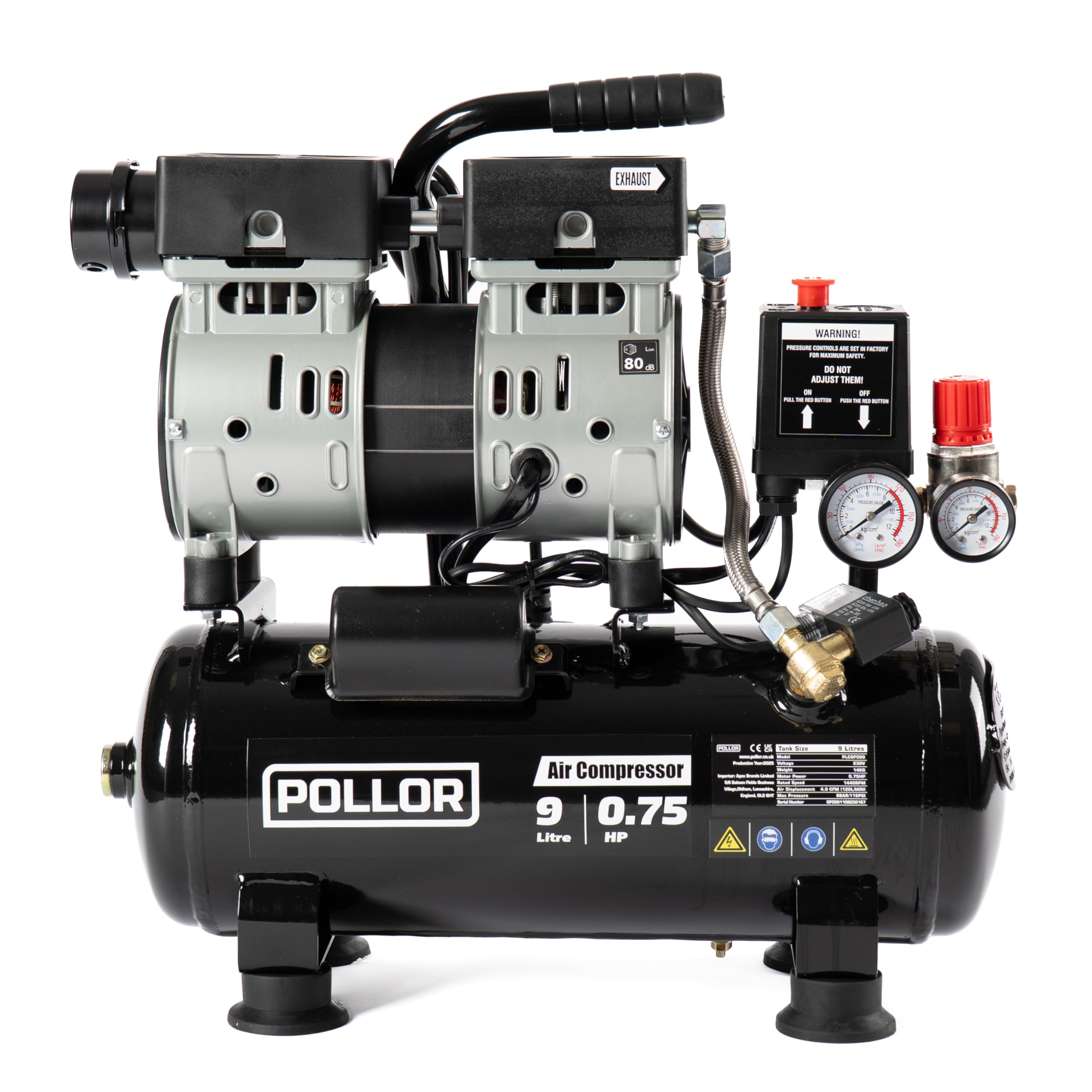 9L Silent Air Compressor Low Noise 4.0 Cfm Oil Free 9 Litre 115Psi 5061024602842