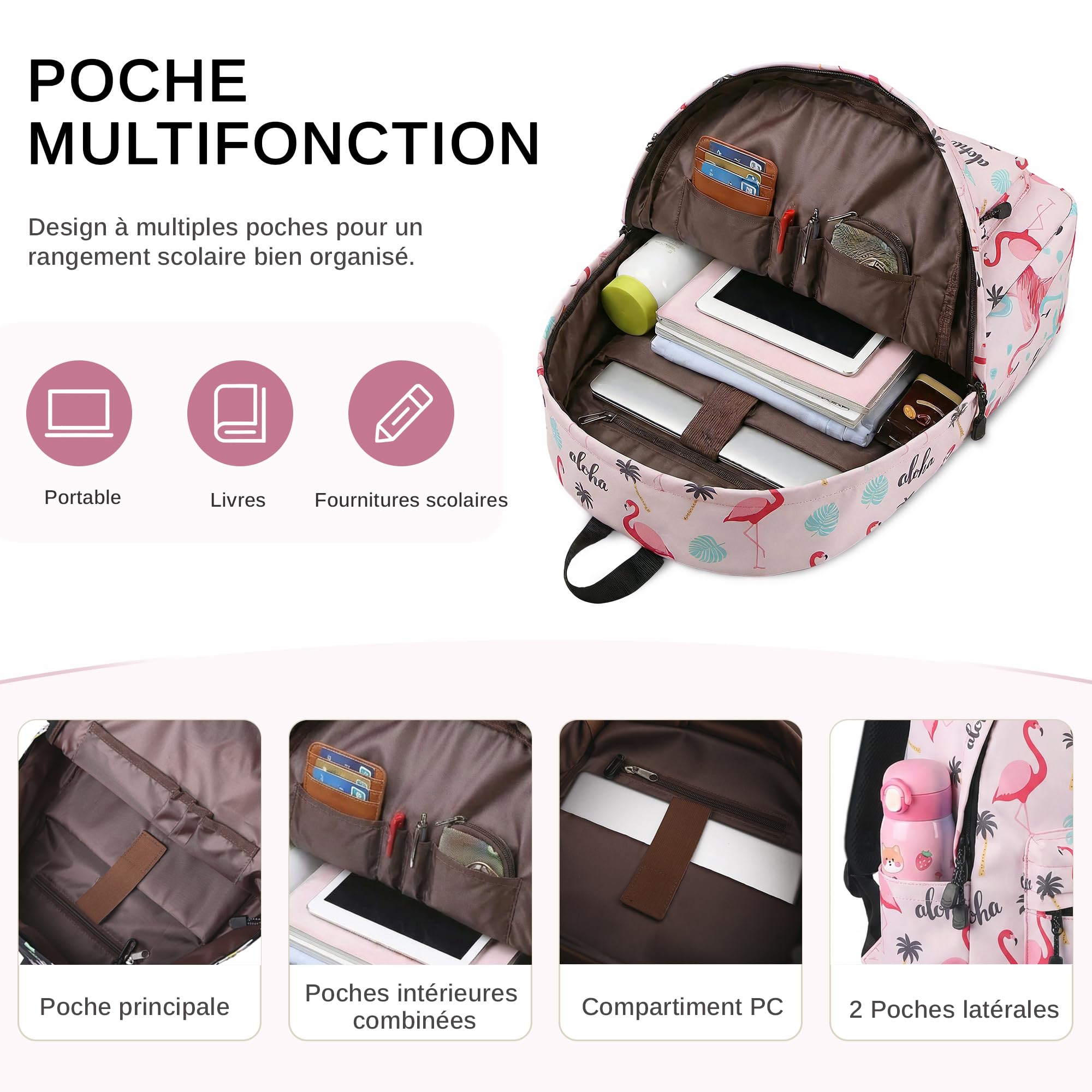 Sac a Dos Fille College Joli Cartable Ecole Primaire Scolaire pour Ado Enfant Sac à Dos pour Ordinateur Portable Flamant A