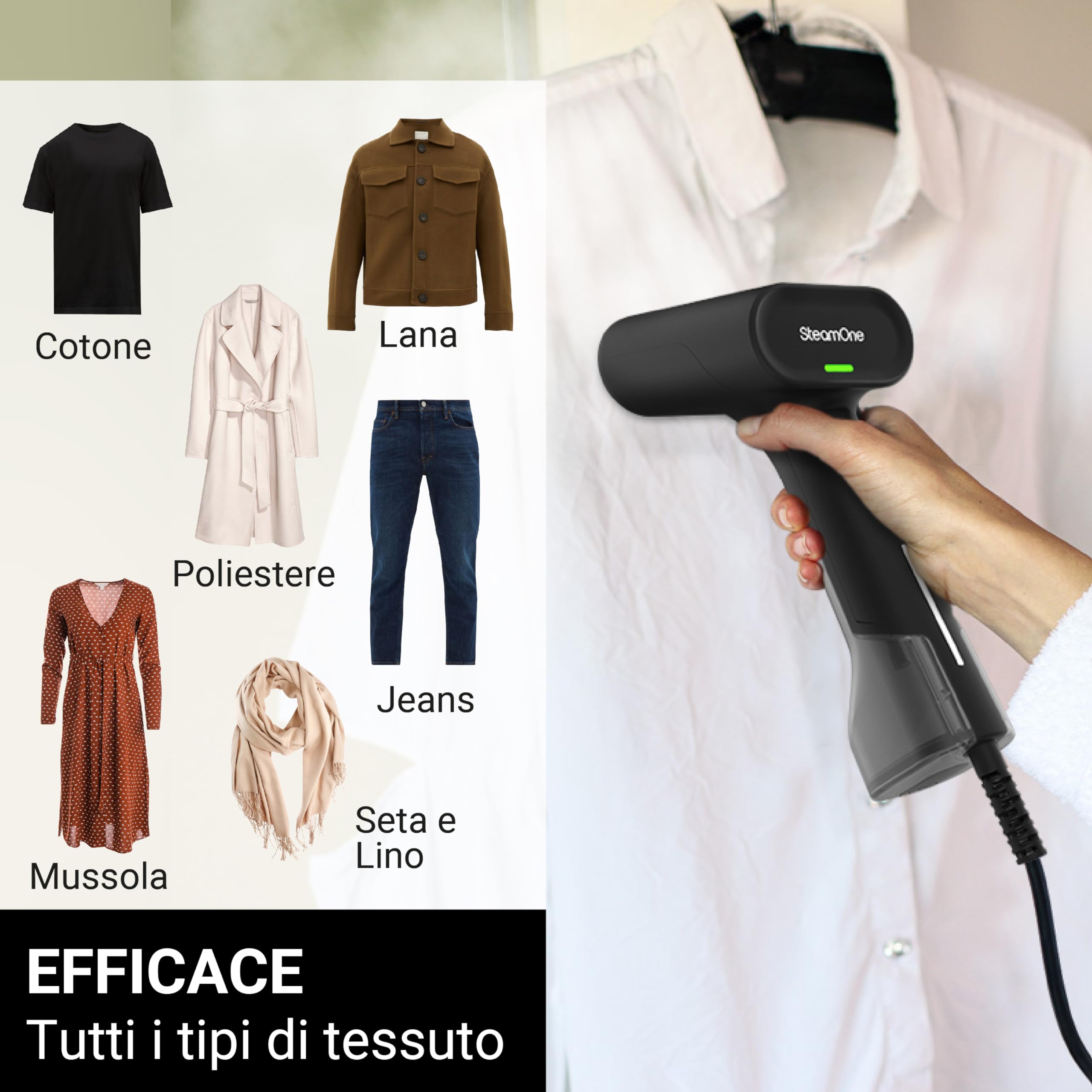 SteamOne - Ferro da Stiro Verticale 1800W - Stiratrice Verticale Portatile - Ferro a vapore da viaggio - Serbatoio Acqua 120ml, togliere le pieghe Facile e Veloce - EUDTC120B Simon XL