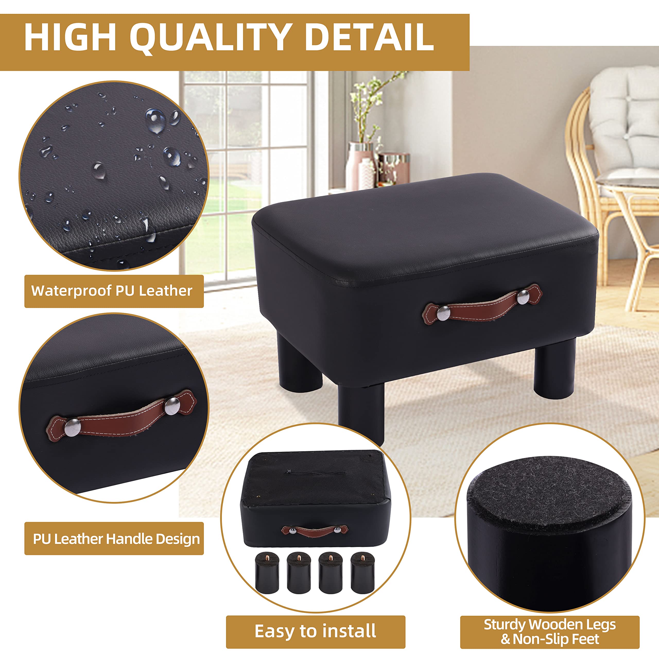Yawinhe Small Footstool Ottoman, PU Leather Rectangle Ottoman Footrest, Bedside Step Stool with Wood Legs, Padded Footstool Small Step Stool for Living Room, Office, Desk, Patio, Black UFS001B