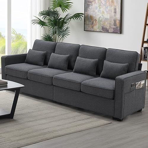 LUMISOL Moderno sofá de 4 plazas, cómodo sofá modular tapizado con bolsillos para reposabrazos y 4 almohadas, sofá de estilo minimalista para sala