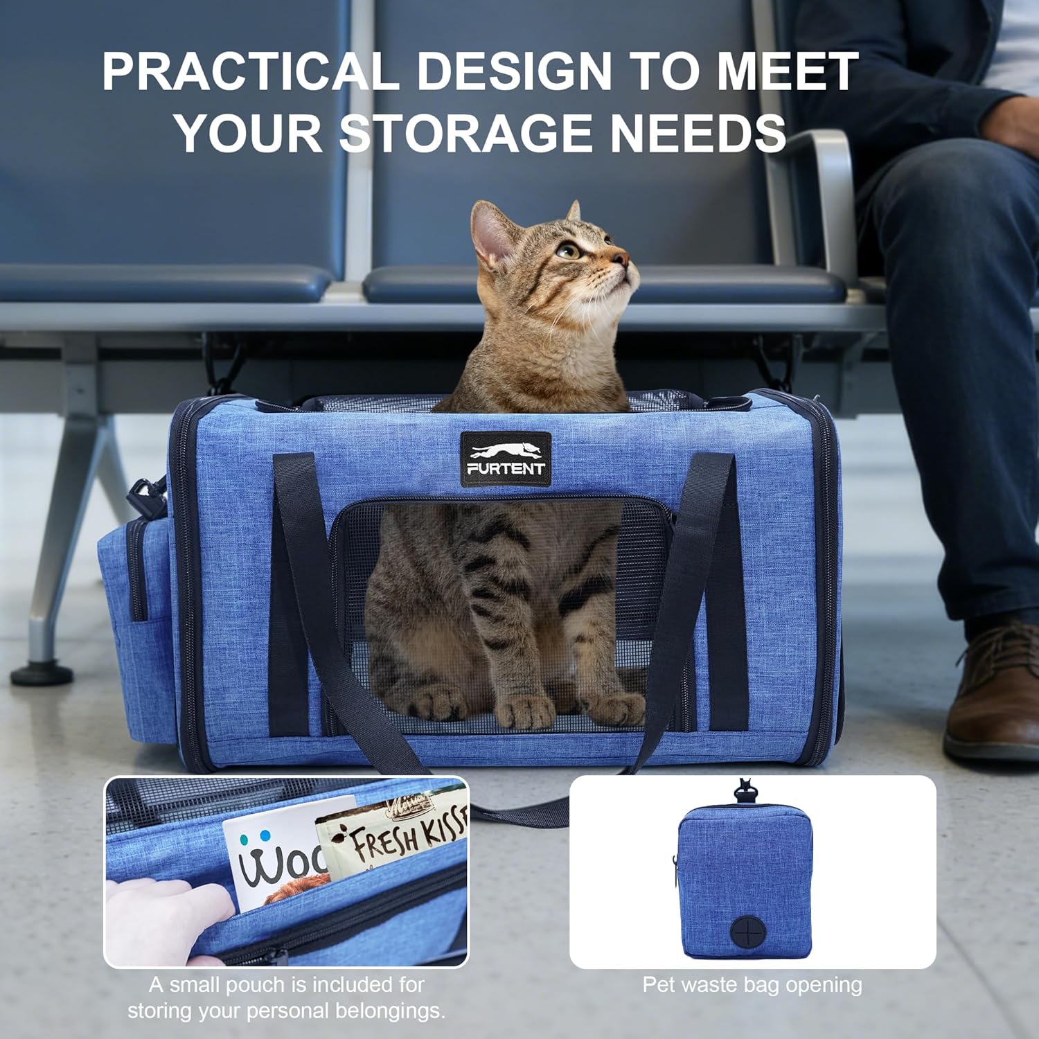 Soft Sided Cat Carrier Airline Approved up to 15lbs, 17x11x9.5 Inch Ventilated Pet Travel Bag with Foldable Litter Box & Storage, Portable Cat Transport Carrier for Flights Car Vet Blue