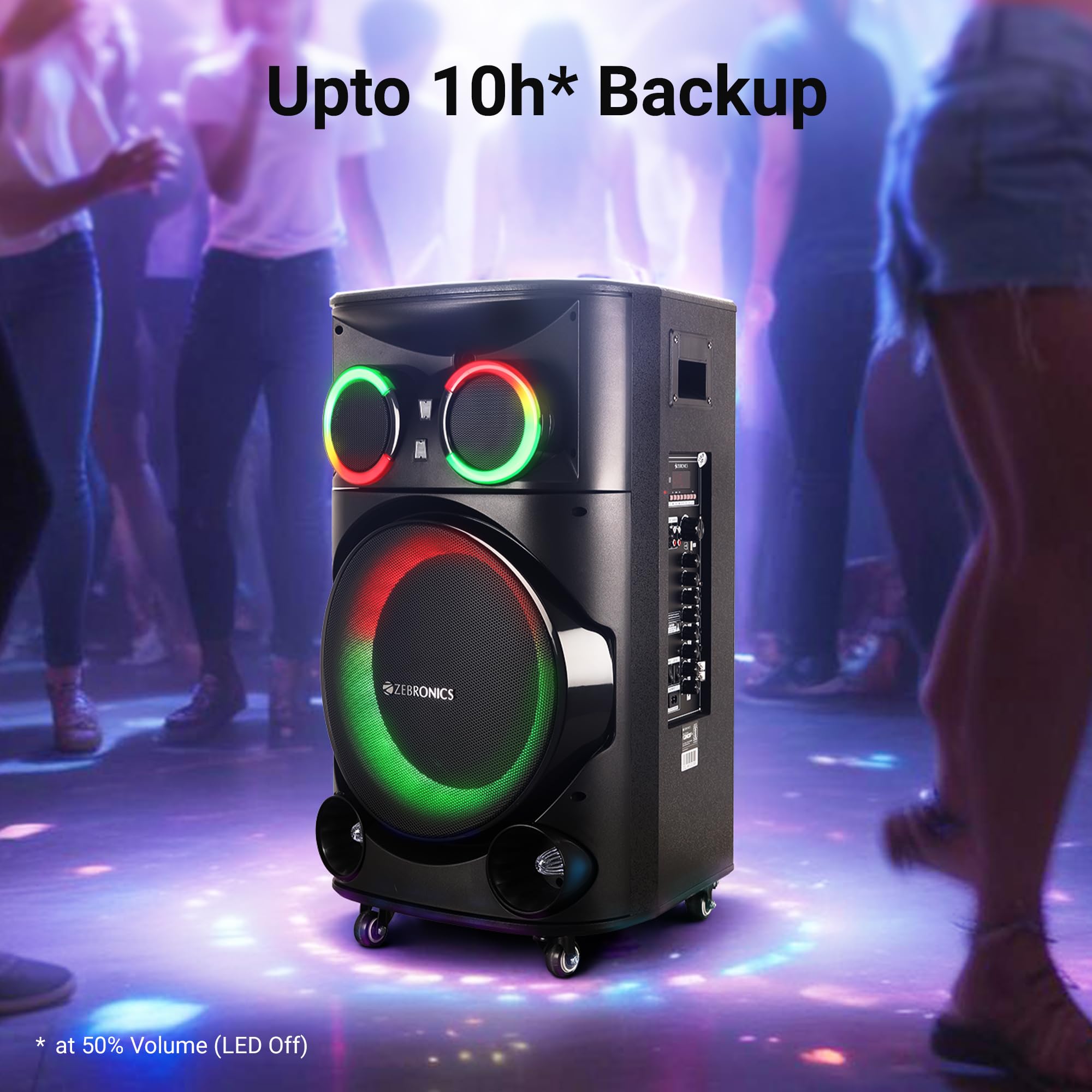 ZEBRONICS GINOX Plus Party Trolley DJ Speaker,160W,Upto 10H Battery,Karaoke,BT V5.0 | TWS | USB | Msd | 2X Mic & Guitar Input | Aux in/Out,RGB LED,12Full Range Driver,with 2X UHF Wireless Mic,Black - Image 3 thumbnail