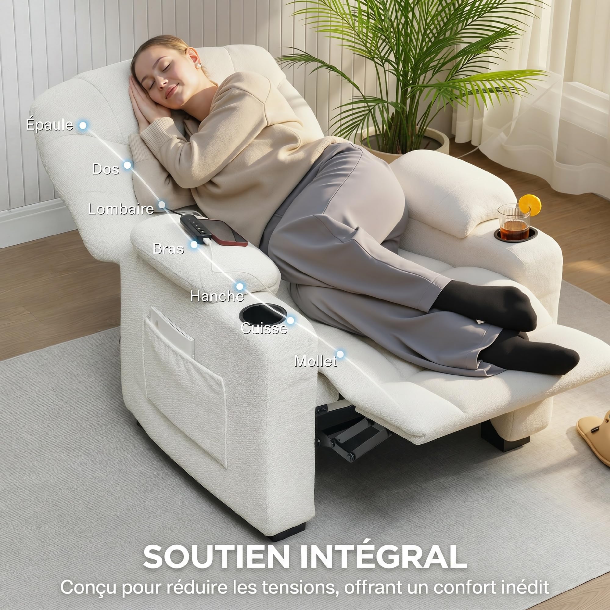HOMCOM Fauteuil Relax électrique, Fauteuil inclinable en Velours, Port USB, Assise Large, Repose-Pieds, Porte-gobelets, Poches latérales, télécommande, Moteur Silencieux, 2 Positions mémoire, crème