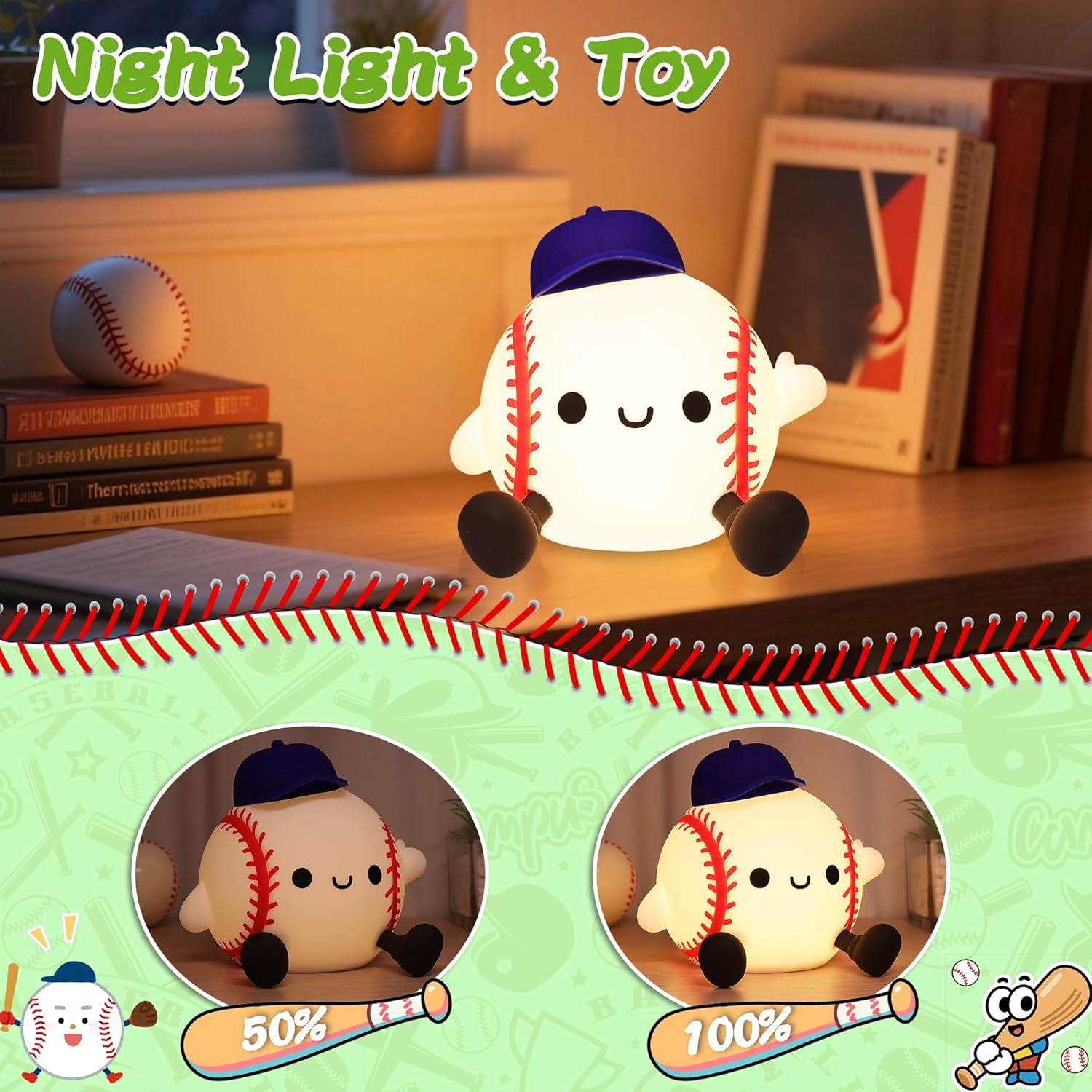 OkiyiD Baseball Night Light, Dimmable Silicone Touch Lamp with USB Rechargeable Soft Glow Bedside Lamp for Boys Bedroom Decor, Baseball Gifts for Boys Sport Fans Birthday Xmas