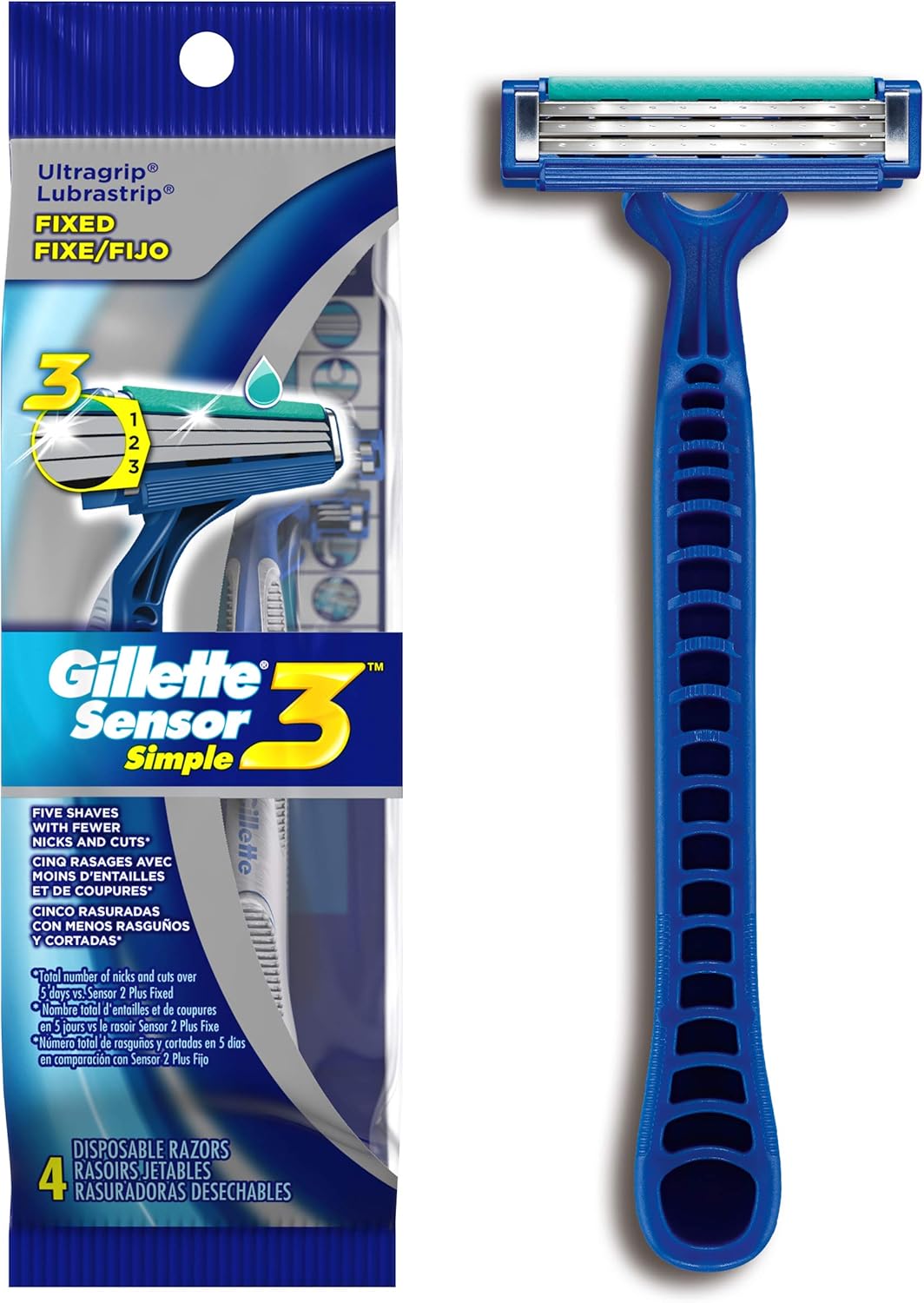 Gillette Sensor3 Simple Men's Disposable Razors, 4 Count (Pack of 48