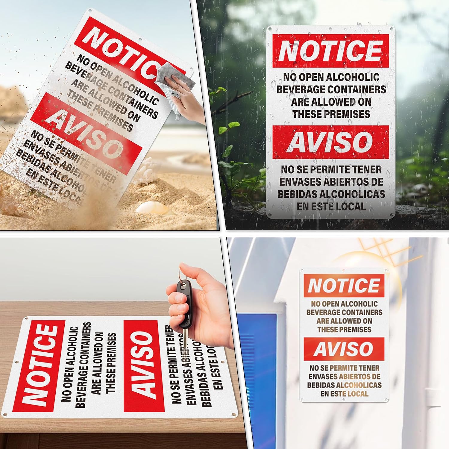 Notice No Open Alcoholic Beverage Containers Allowed Bilingual Sign 12 x 18 Inch Aluminum Waterproof Metal Reflective Warning Signals for Business Outdoor Indoor