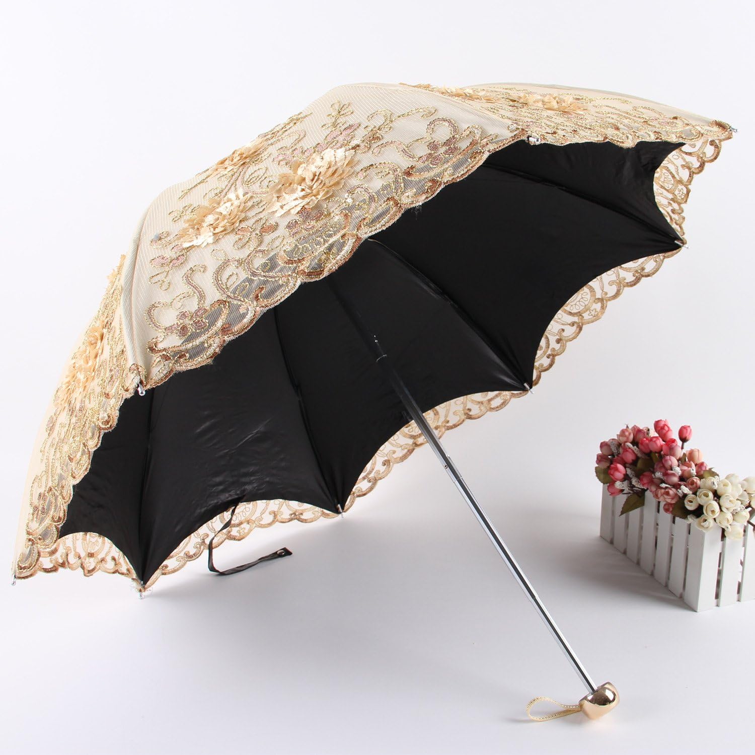 Honeystore Vintage Lace UV Sun Parasol Folding 3D Flower Embroidery Umbrella - Image 4